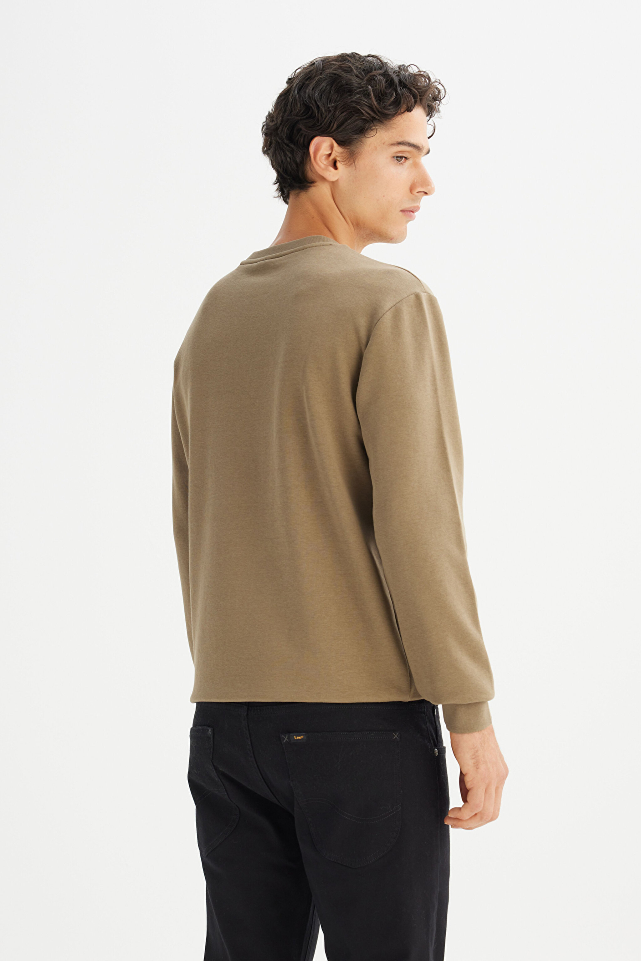 Regular Fit Normal Kesim Bisiklet Yaka Baskılı Haki Sweatshirt - Khaki-L2520099801 (görsel 5)
