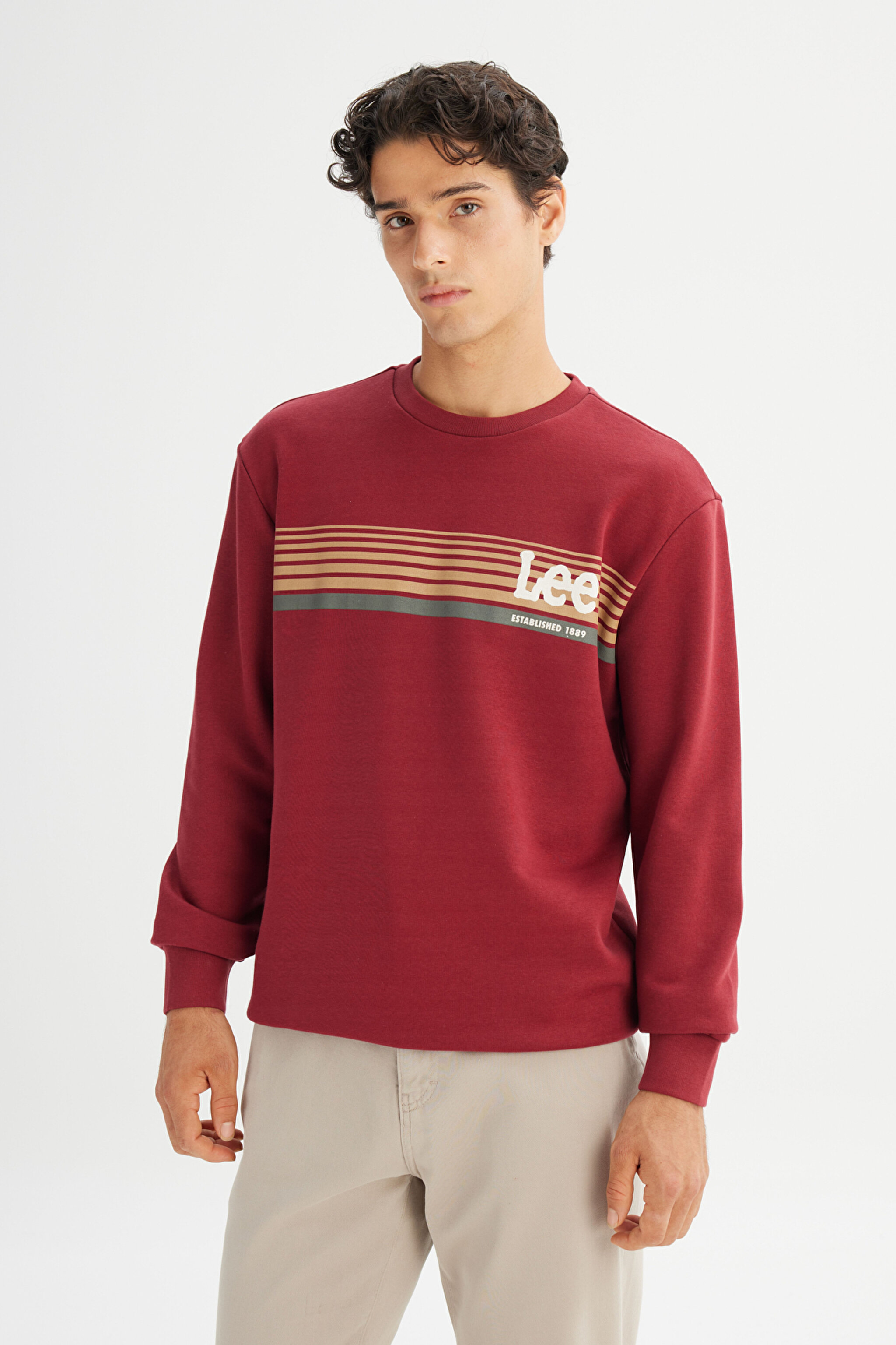 Regular Fit Normal Kesim Bisiklet Yaka Baskılı Bordo Sweatshirt - Wine-L2520099810 (görsel 3)