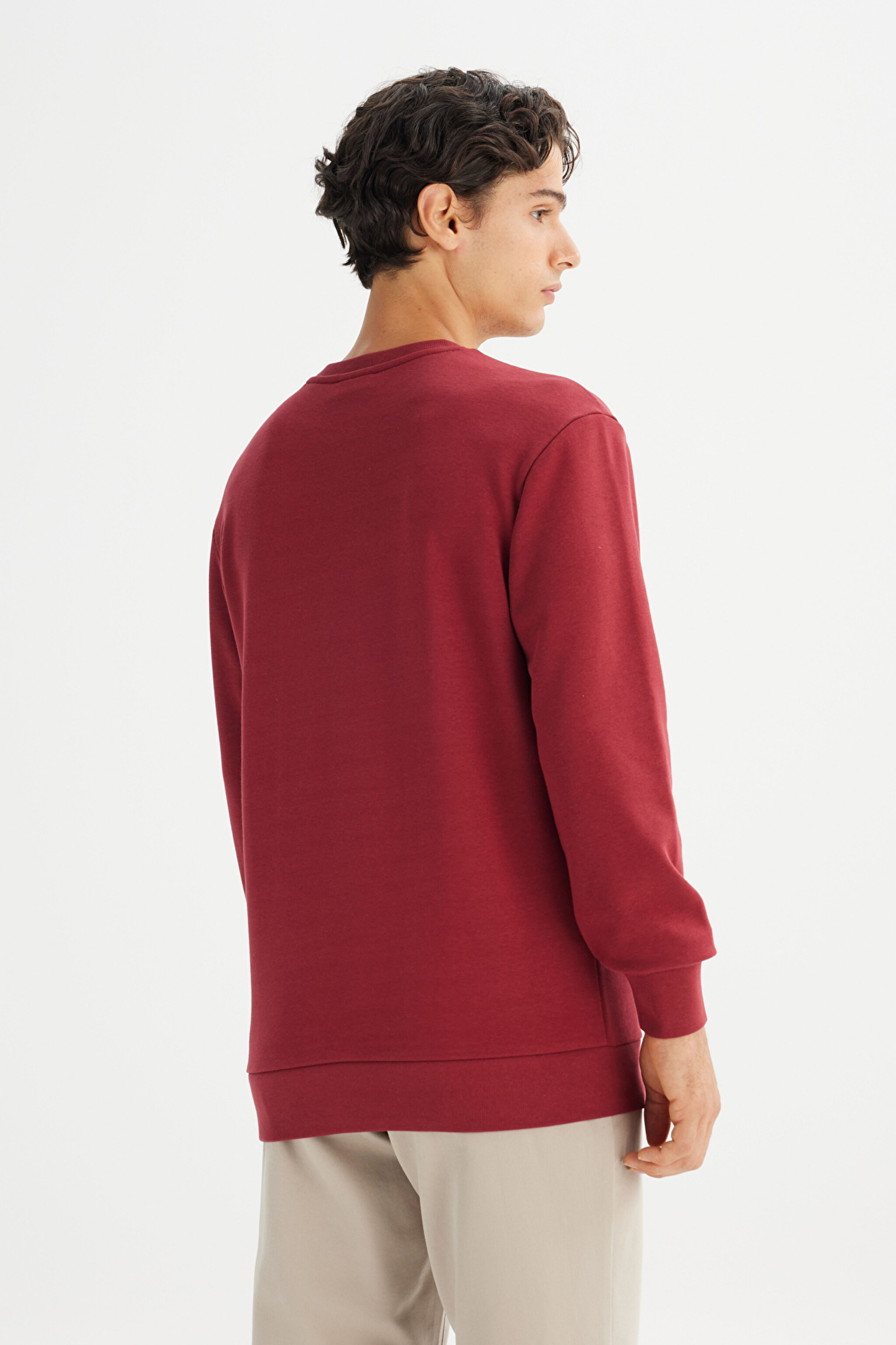 Regular Fit Normal Kesim Bisiklet Yaka Baskılı Bordo Sweatshirt - Wine-L2520099810 (görsel 5)