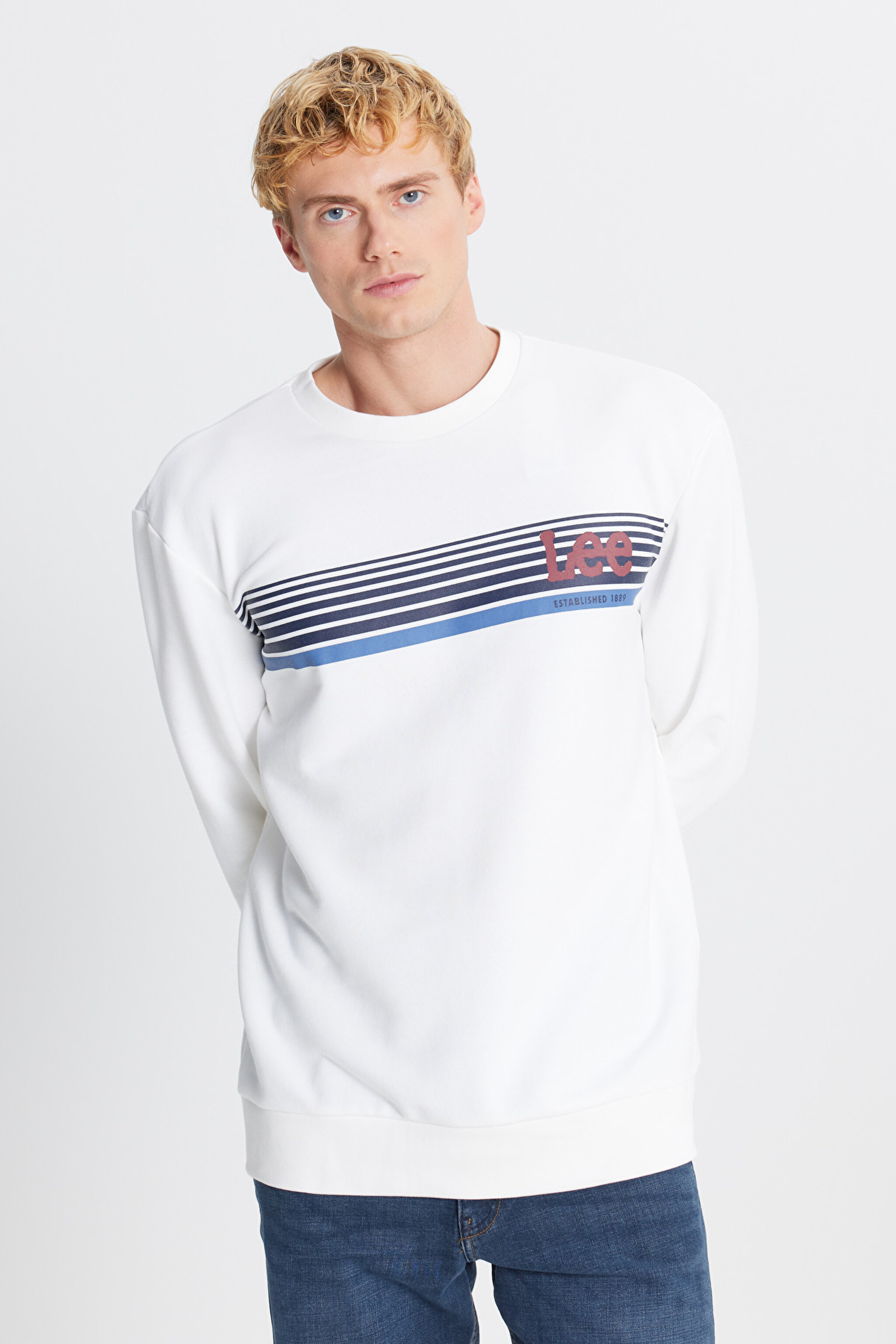 Regular Fit Normal Kesim Bisiklet Yaka Baskılı Kırık Beyaz Sweatshirt