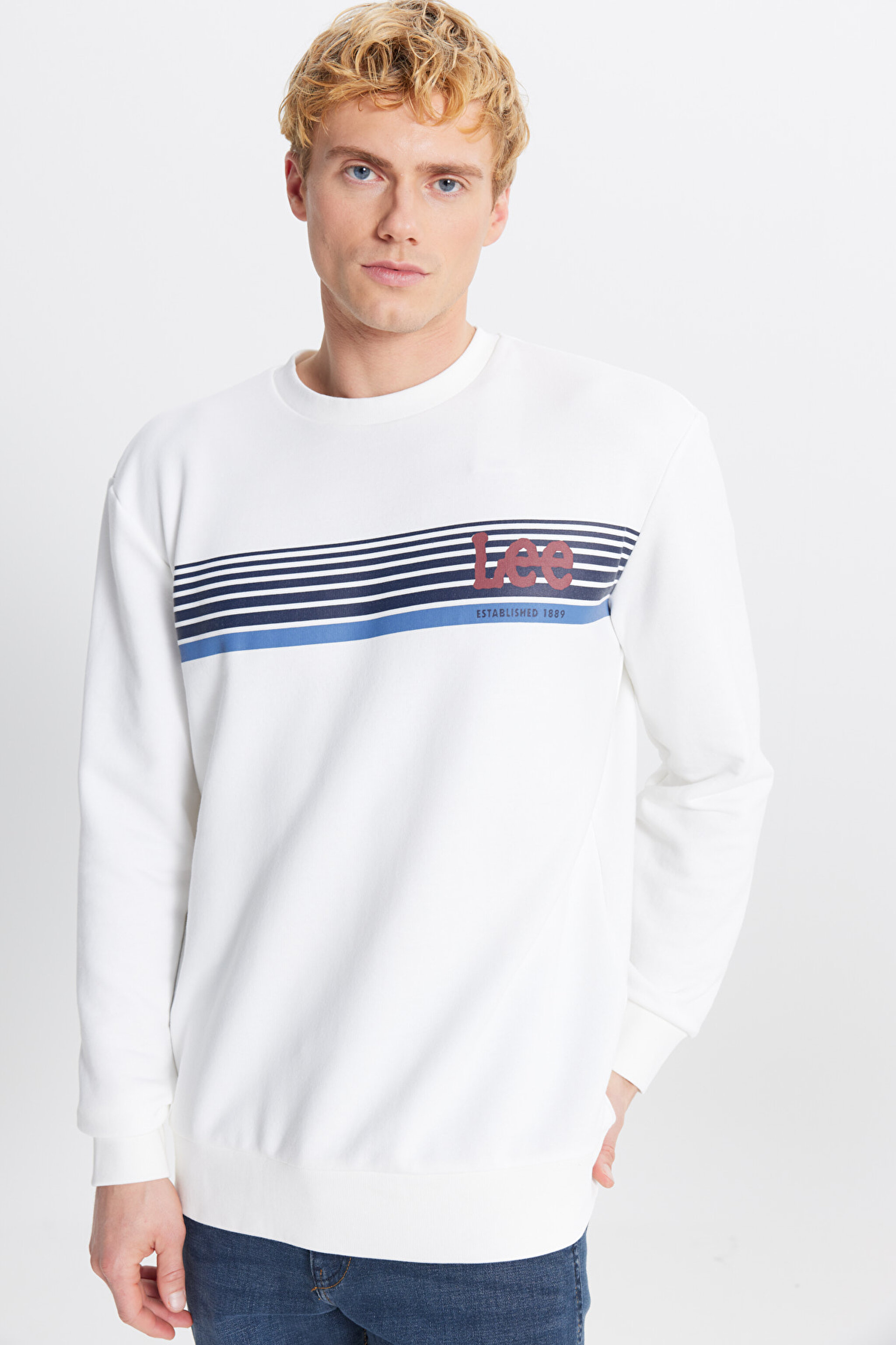 Regular Fit Normal Kesim Bisiklet Yaka Baskılı Kırık Beyaz Sweatshirt - Off White-L2520099MK (görsel 3)