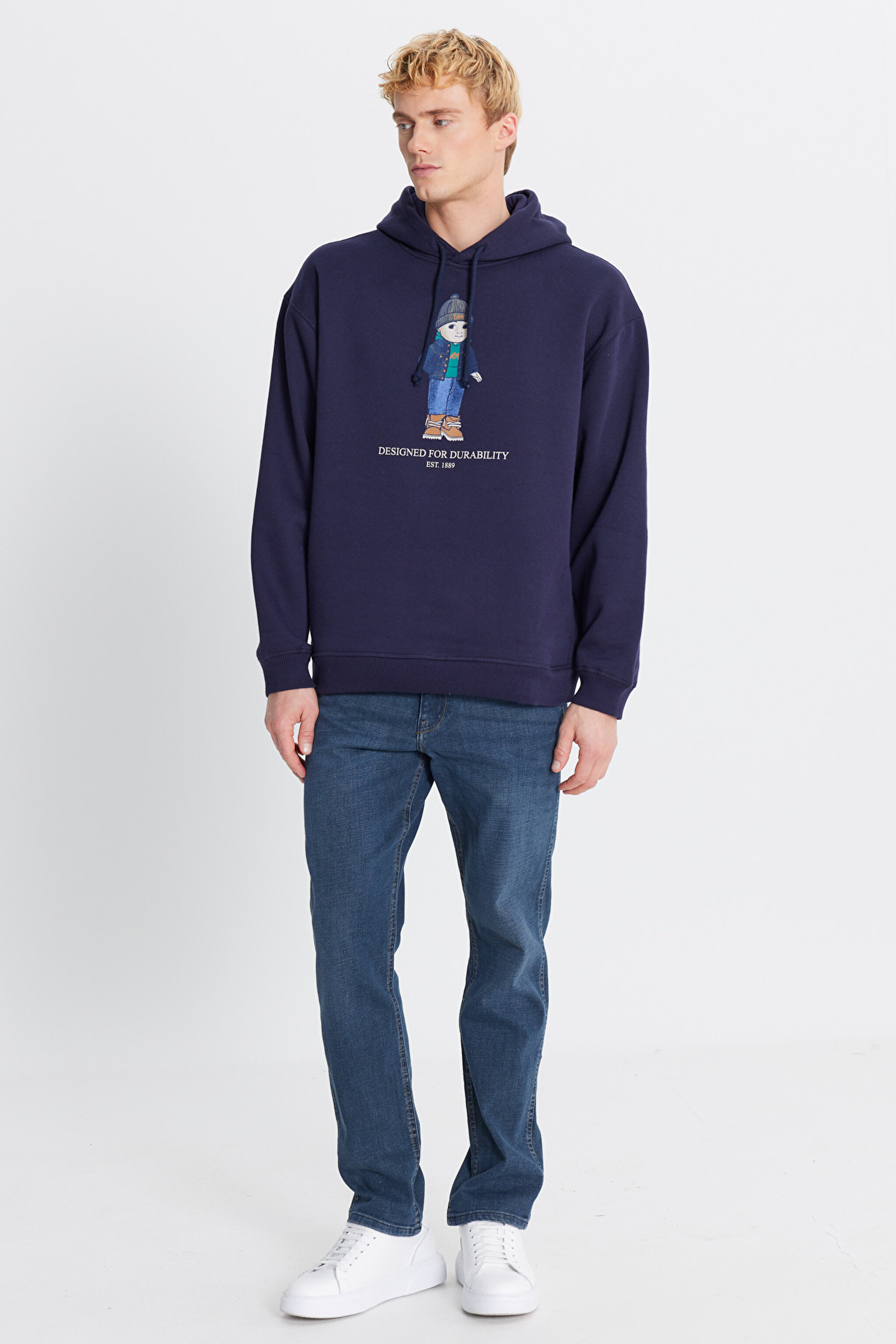 Pamuklu İçi Polarlı Regular Fit Kapüşonlu Logo Detaylı Sweatshirt - DarKNavy-L2520102411 (görsel 2)