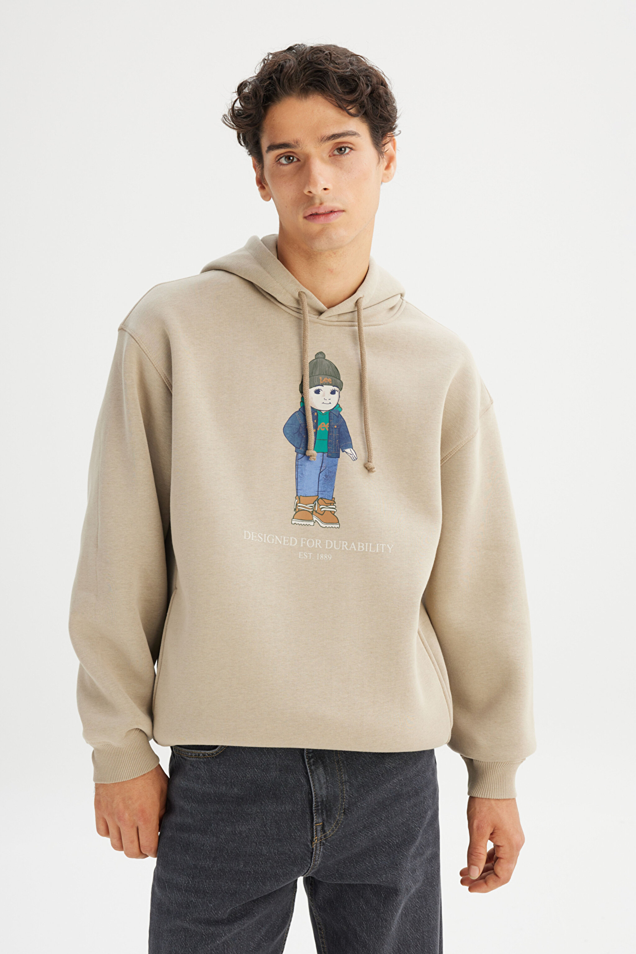 Pamuklu İçi Polarlı Regular Fit Kapüşonlu Logo Detaylı Sweatshirt - Beige-L2520102614