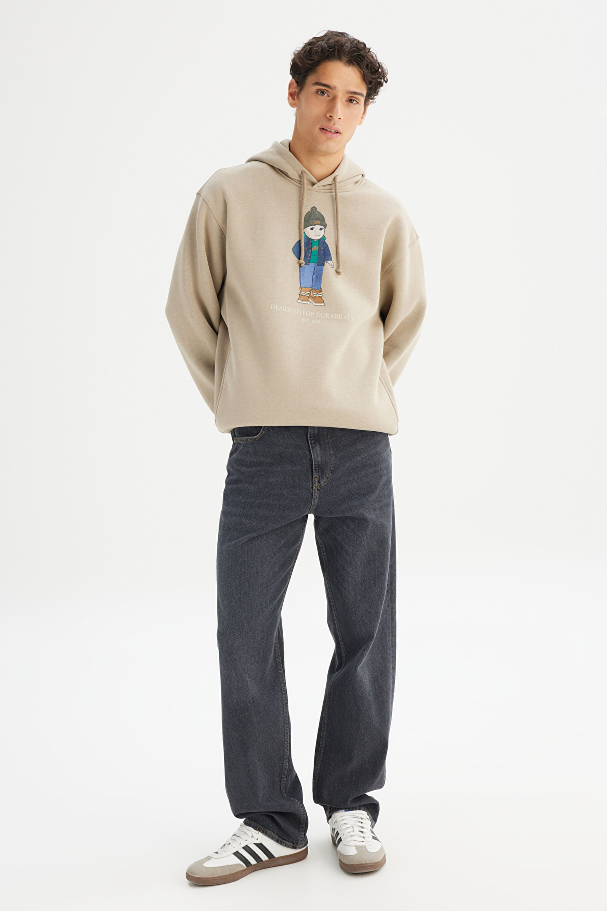Pamuklu İçi Polarlı Regular Fit Kapüşonlu Logo Detaylı Sweatshirt - Beige-L2520102614 (görsel 2)