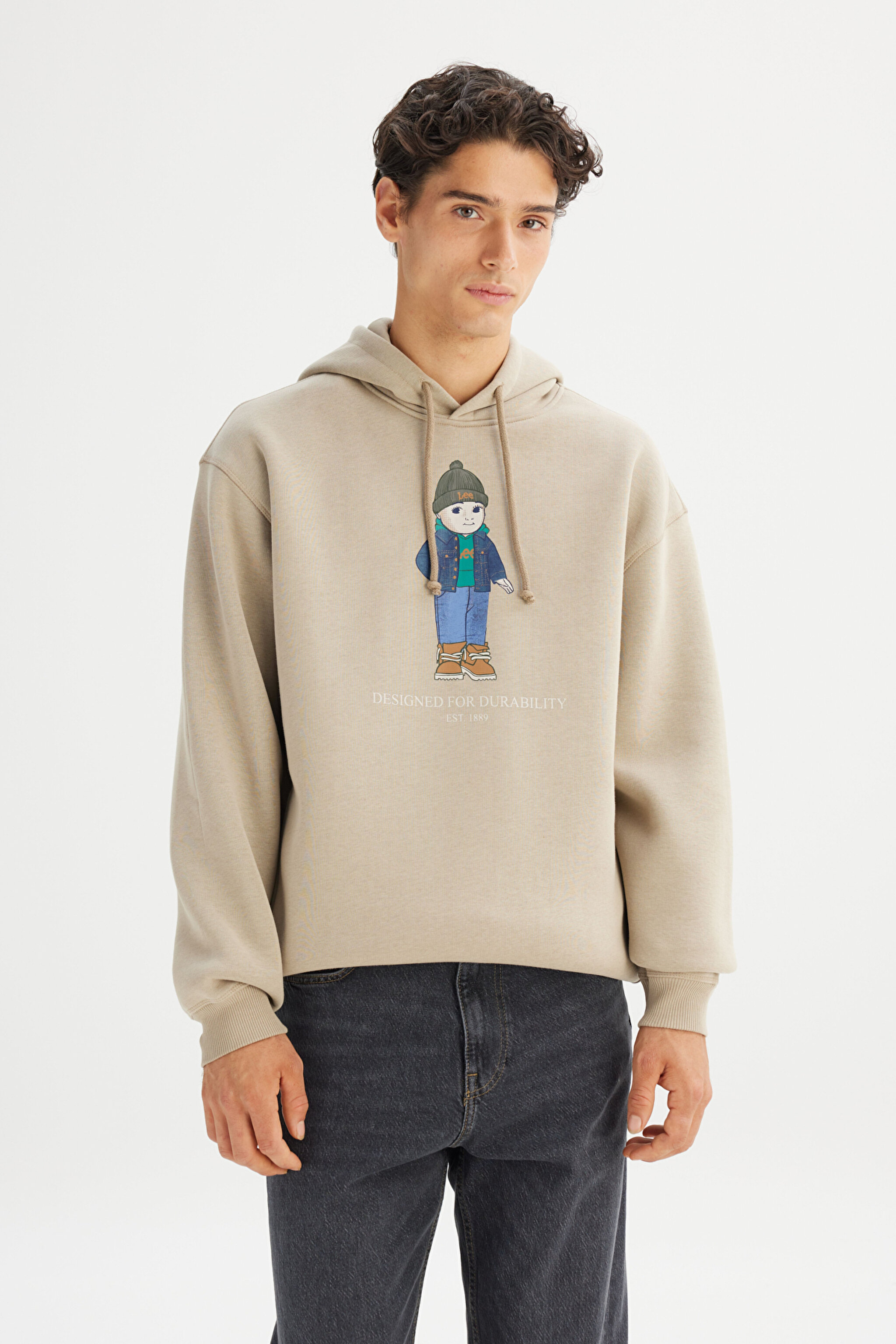Pamuklu İçi Polarlı Regular Fit Kapüşonlu Logo Detaylı Sweatshirt - Beige-L2520102614 (görsel 3)