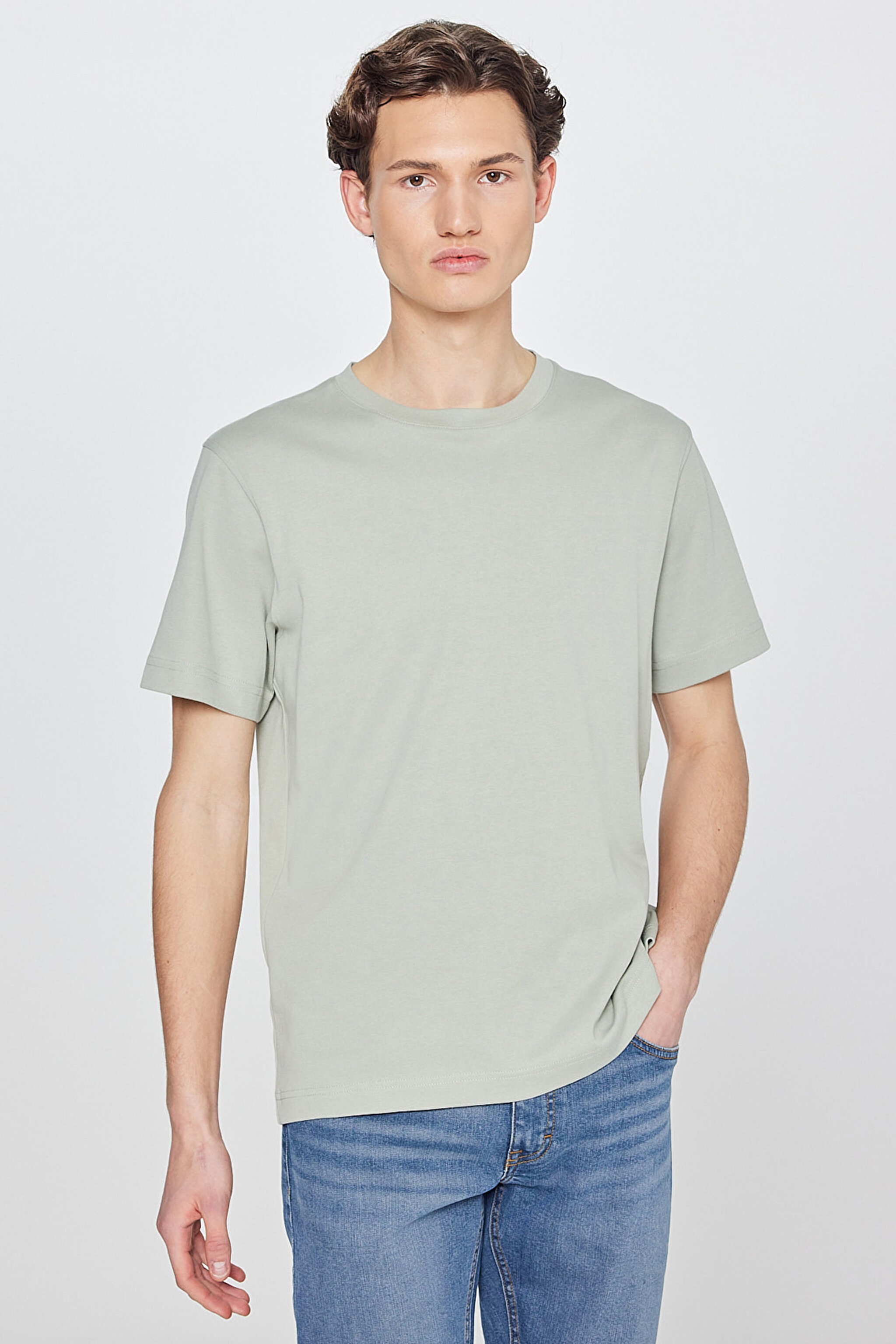 %100 Pamuk Regular Fit Normal Kesim Bisiklet Yaka Basic Tişört - Light Green-L2520112299 (görsel 2)