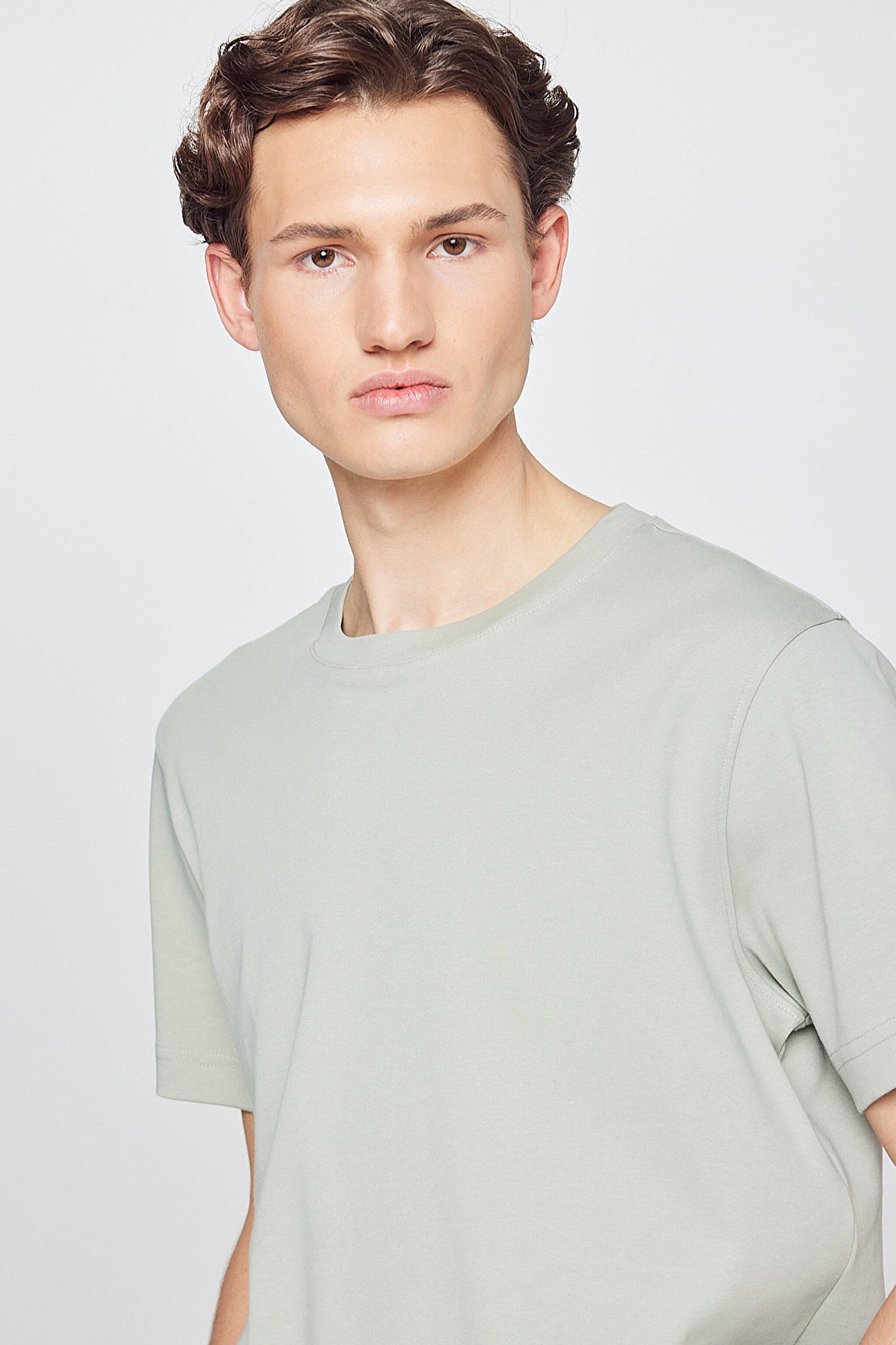 %100 Pamuk Regular Fit Normal Kesim Bisiklet Yaka Basic Tişört - Light Green-L2520112299 (görsel 4)