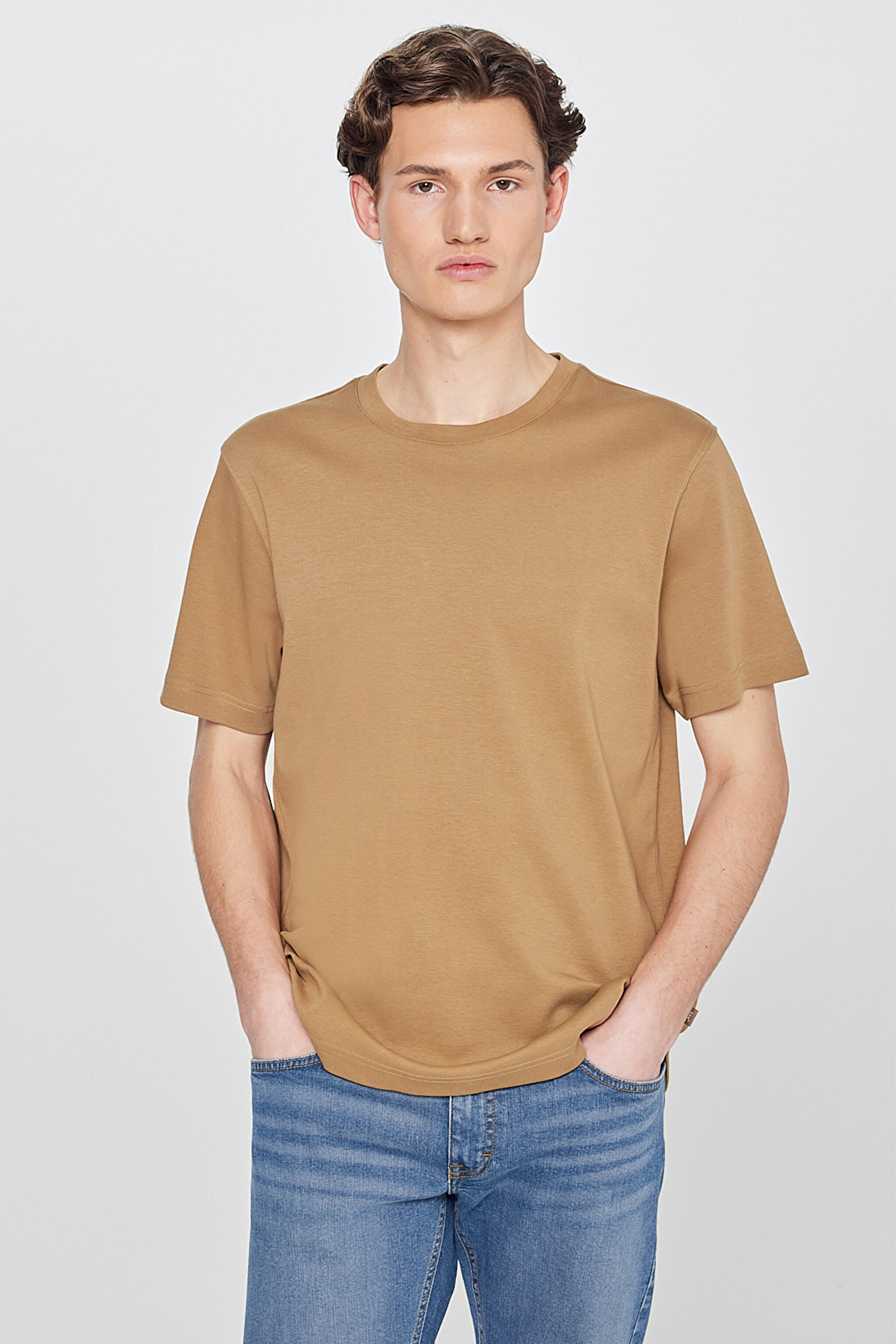 %100 Pamuk Regular Fit Normal Kesim Bisiklet Yaka Basic Tişört - Dark Khaki-L2520112916 (görsel 2)