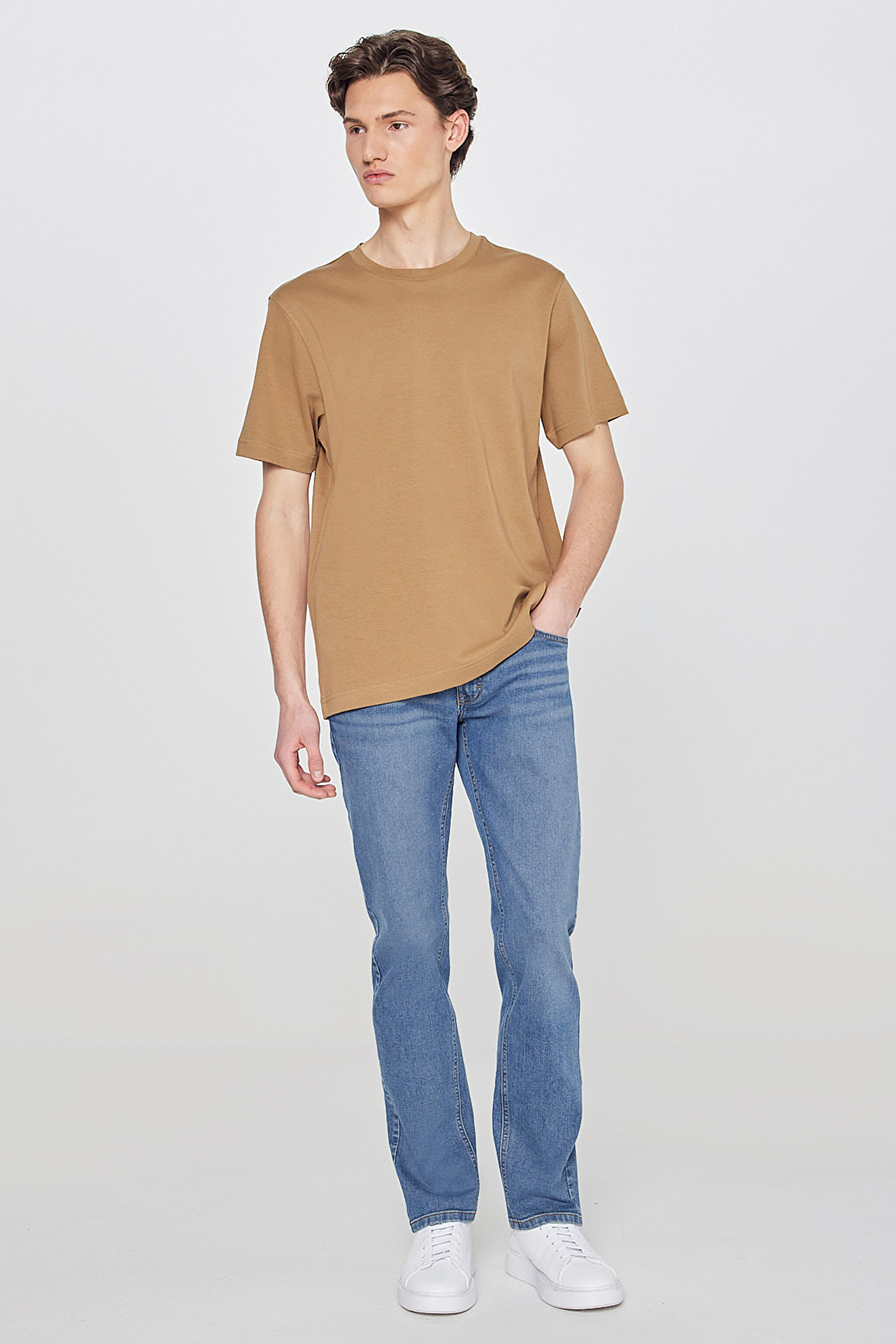 %100 Pamuk Regular Fit Normal Kesim Bisiklet Yaka Basic Tişört - Dark Khaki-L2520112916 (görsel 3)