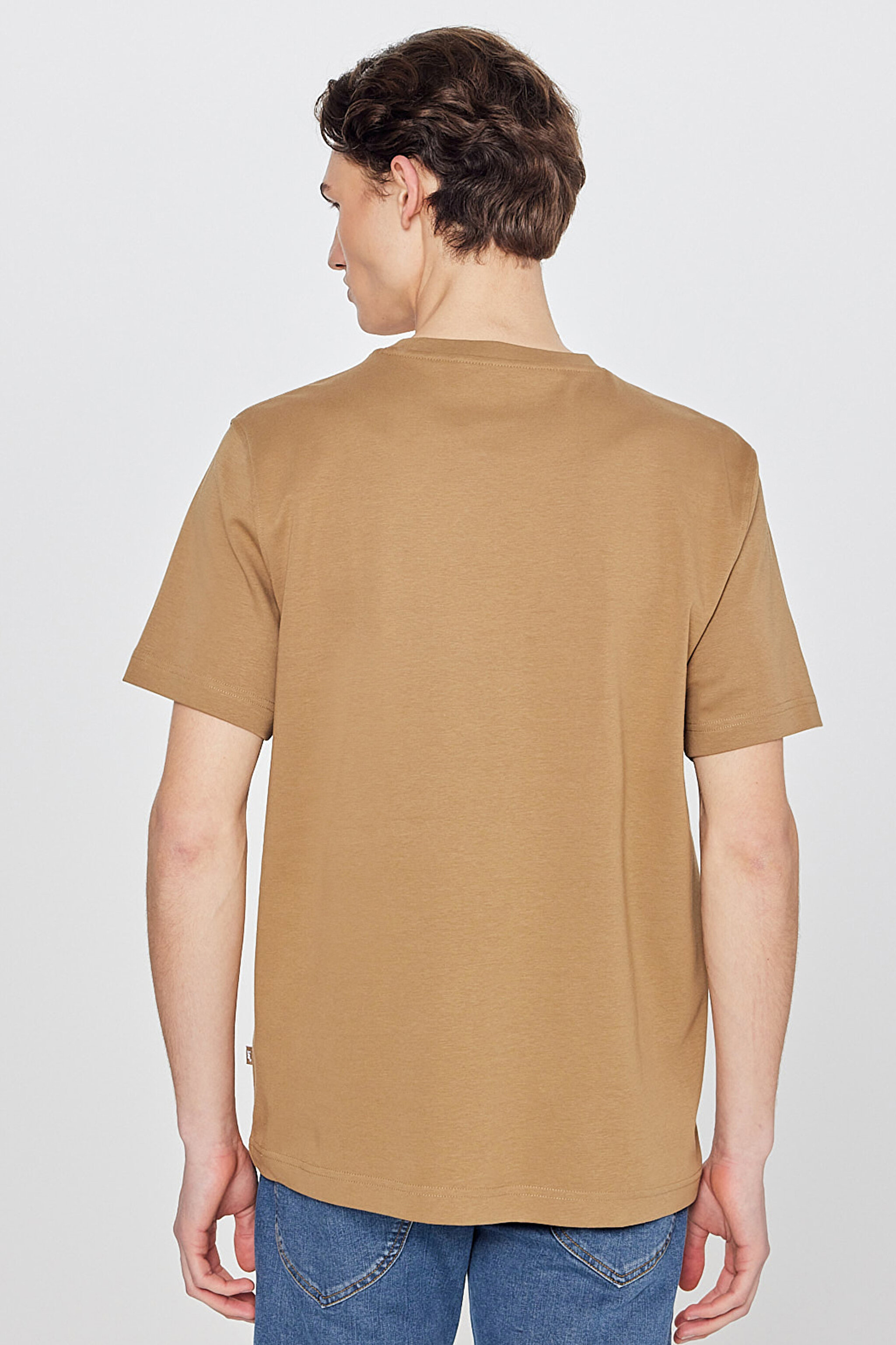 %100 Pamuk Regular Fit Normal Kesim Bisiklet Yaka Basic Tişört - Dark Khaki-L2520112916 (görsel 5)