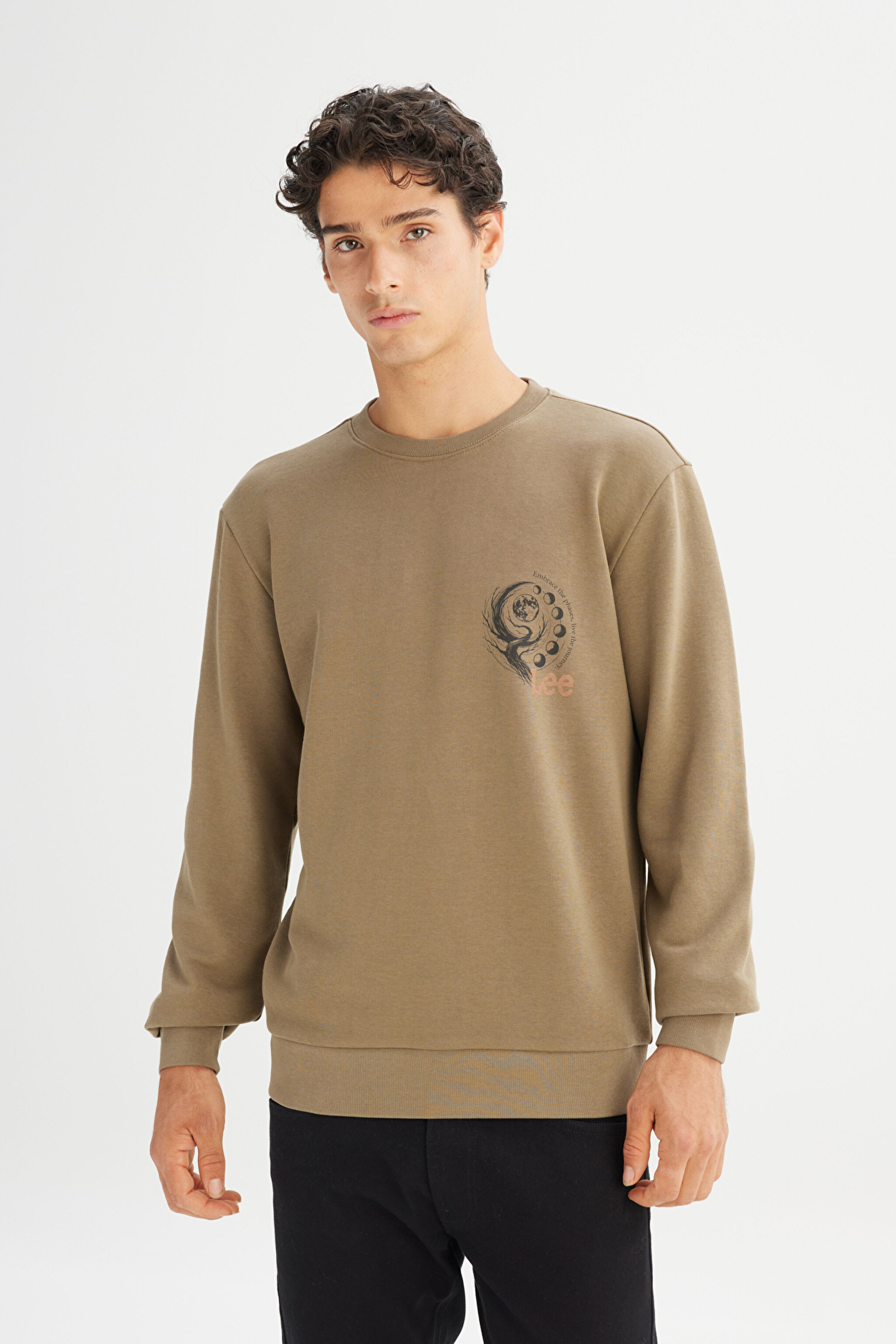 Regular Fit Normal Kesim Bisiklet Yaka Baskılı Haki Sweatshirt - Khaki-L2520222801