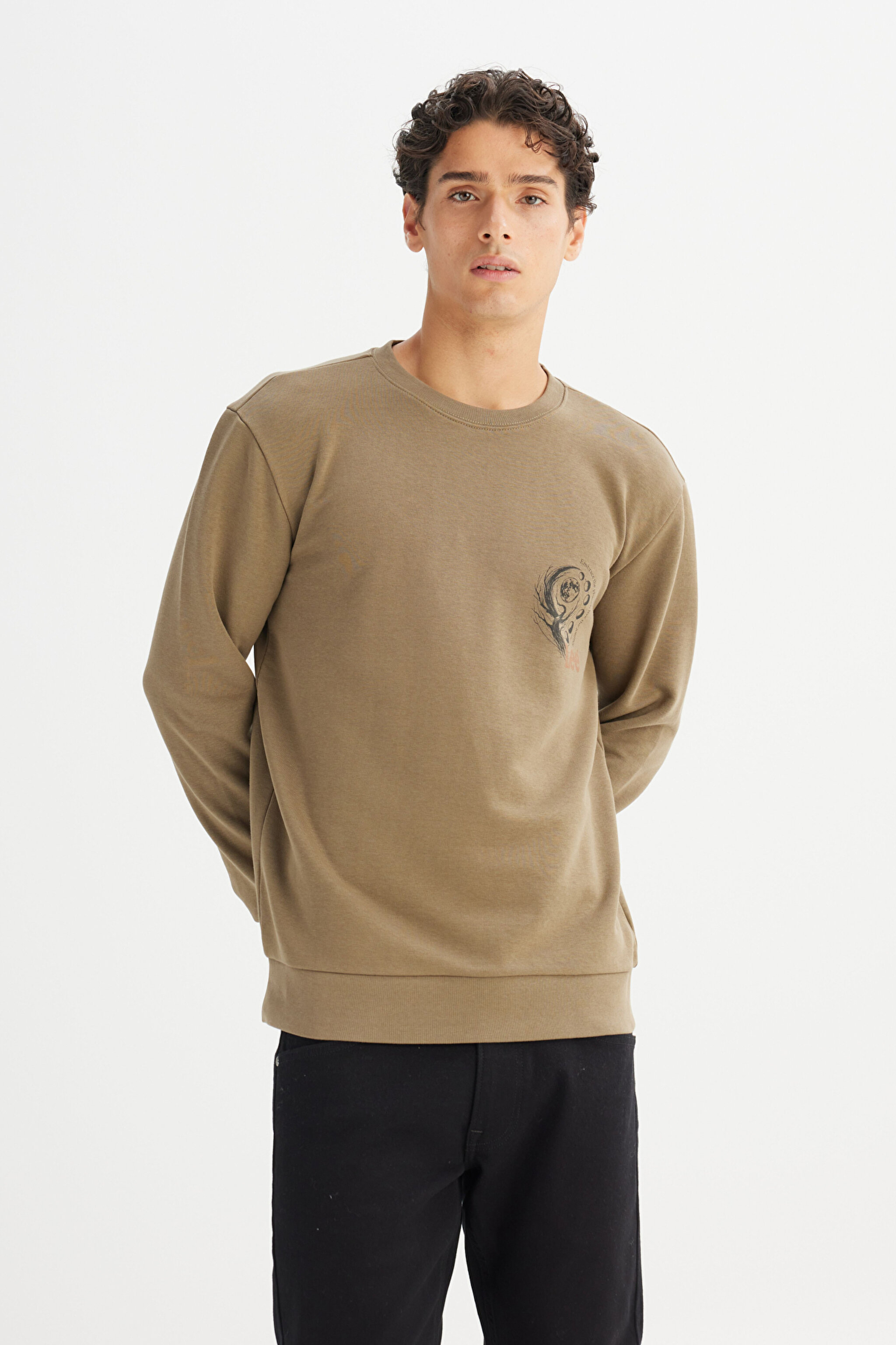 Regular Fit Normal Kesim Bisiklet Yaka Baskılı Haki Sweatshirt - Khaki-L2520222801 (görsel 3)