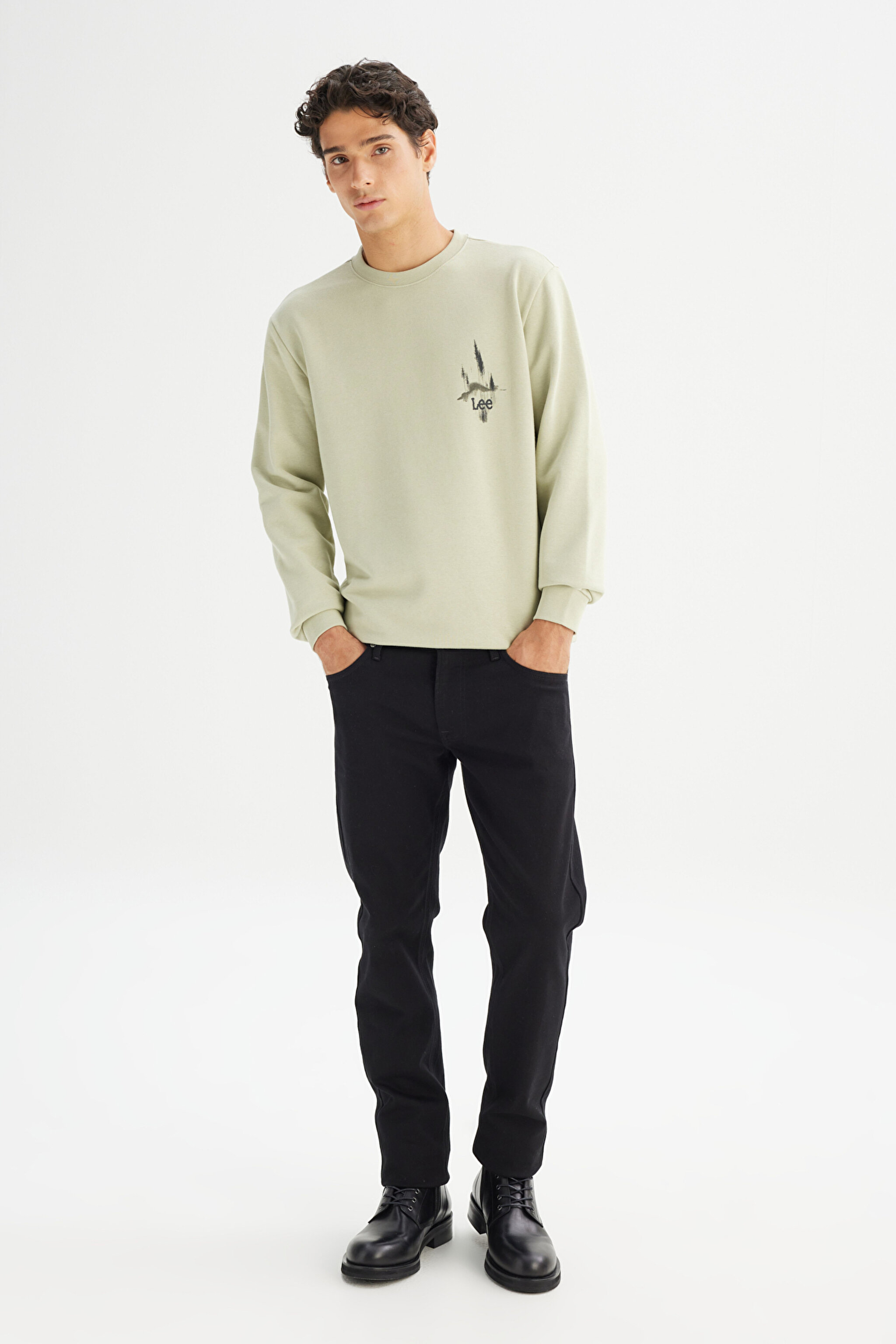 Regular Fit Normal Kesim Bisiklet Yaka Baskılı Mint Yeşili Sweatshirt - Light Green-L2520225299 (görsel 2)