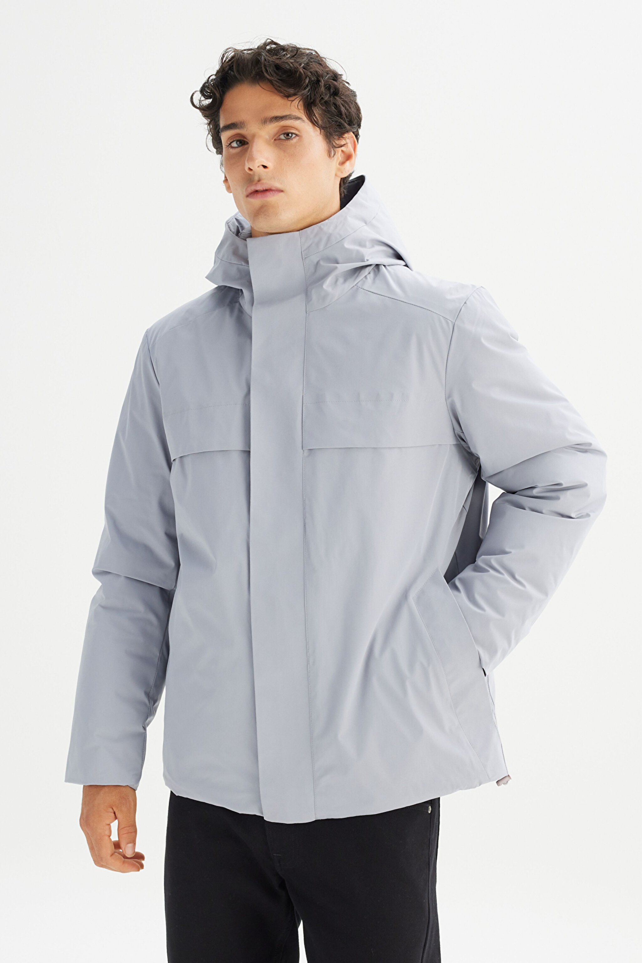 Relaxed Fit Rahat Kesim Kapüşonlu Cepli Şişme Mont - Gray-L2520258035