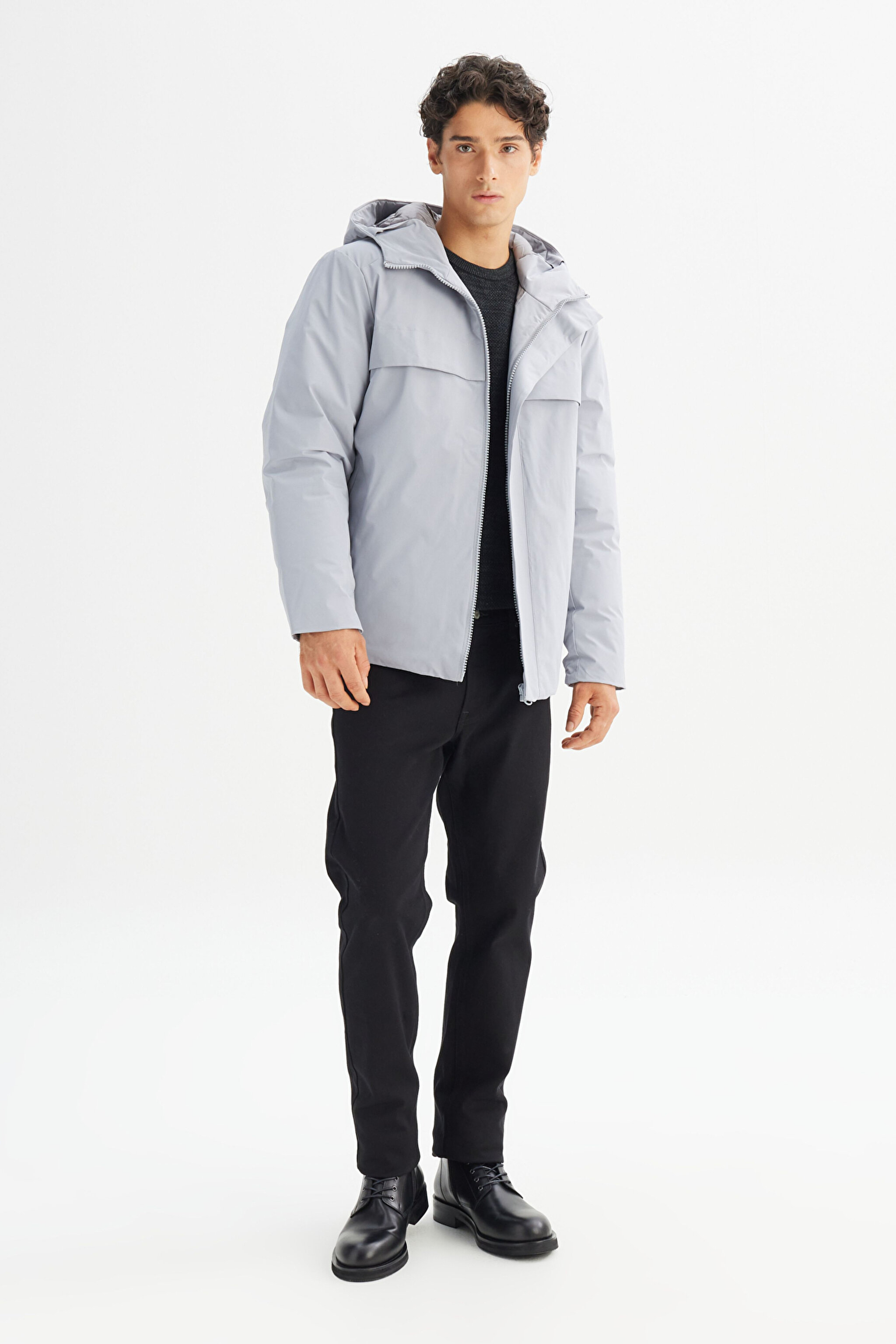 Relaxed Fit Rahat Kesim Kapüşonlu Cepli Şişme Mont - Gray-L2520258035 (görsel 2)