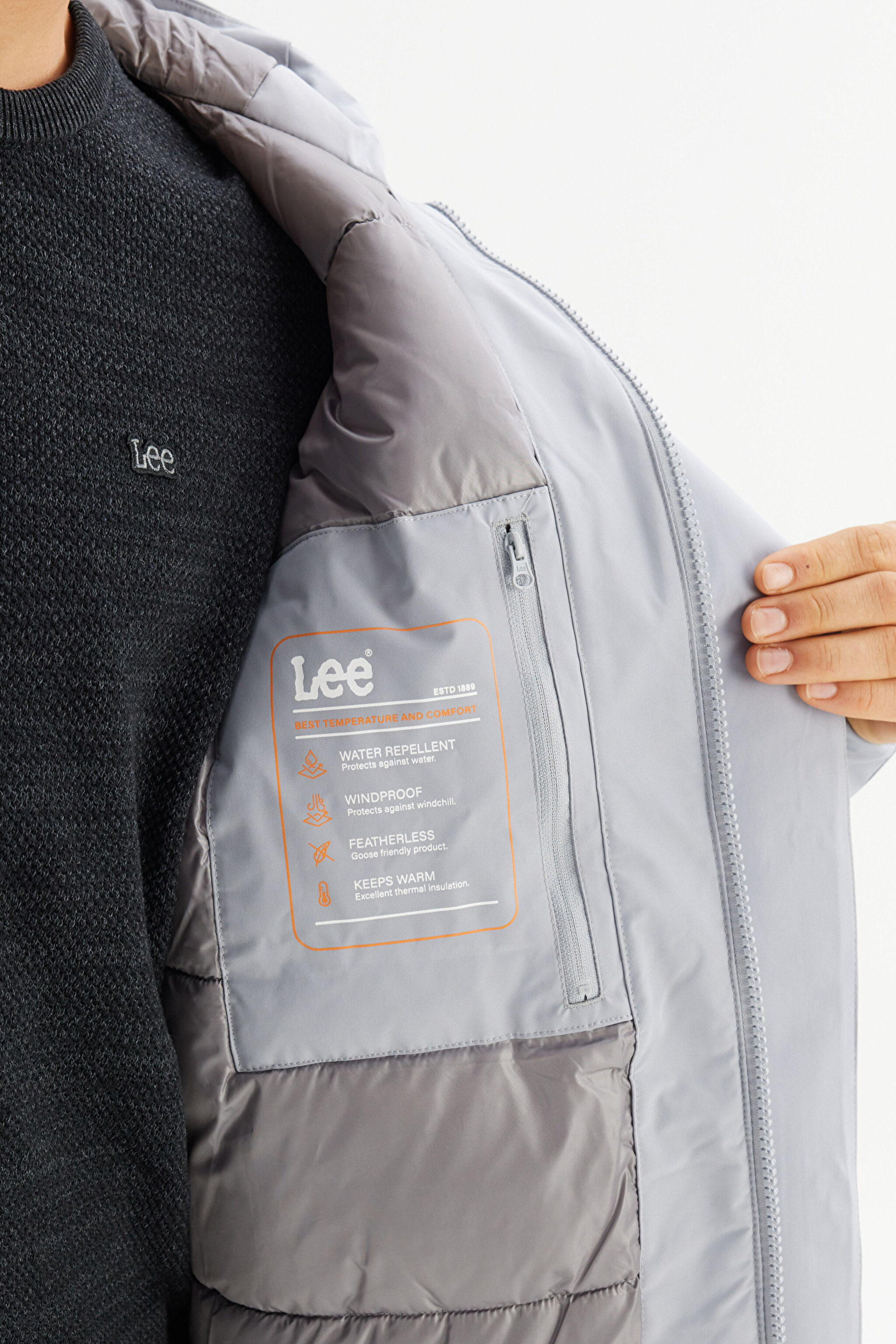 Relaxed Fit Rahat Kesim Kapüşonlu Cepli Şişme Mont - Gray-L2520258035 (görsel 4)