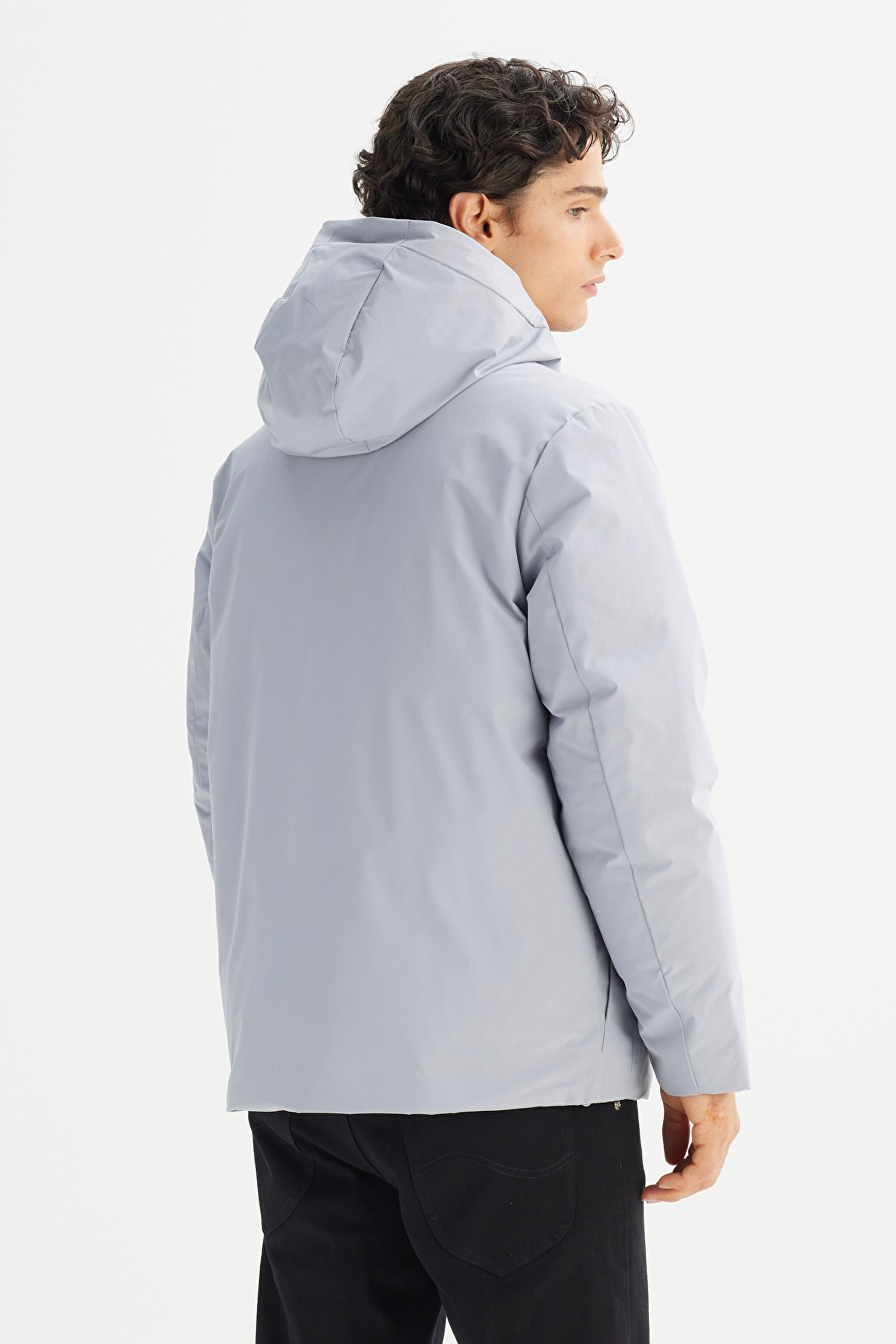 Relaxed Fit Rahat Kesim Kapüşonlu Cepli Şişme Mont - Gray-L2520258035 (görsel 6)