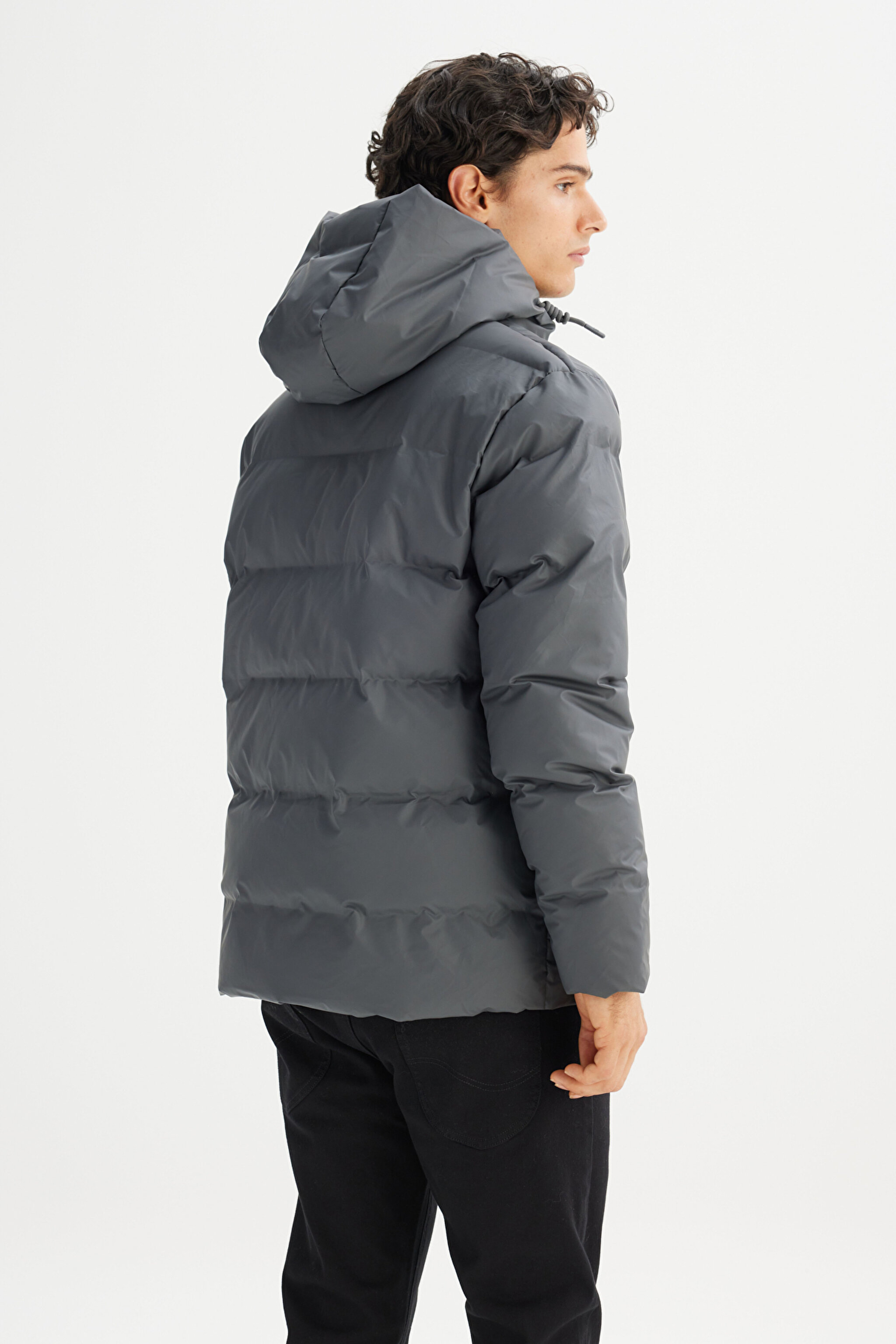 Regular Fit Normal Kesim Kapüşonlu Cepli Şişme Puffer Mont - Gray-L2520263035 (görsel 6)