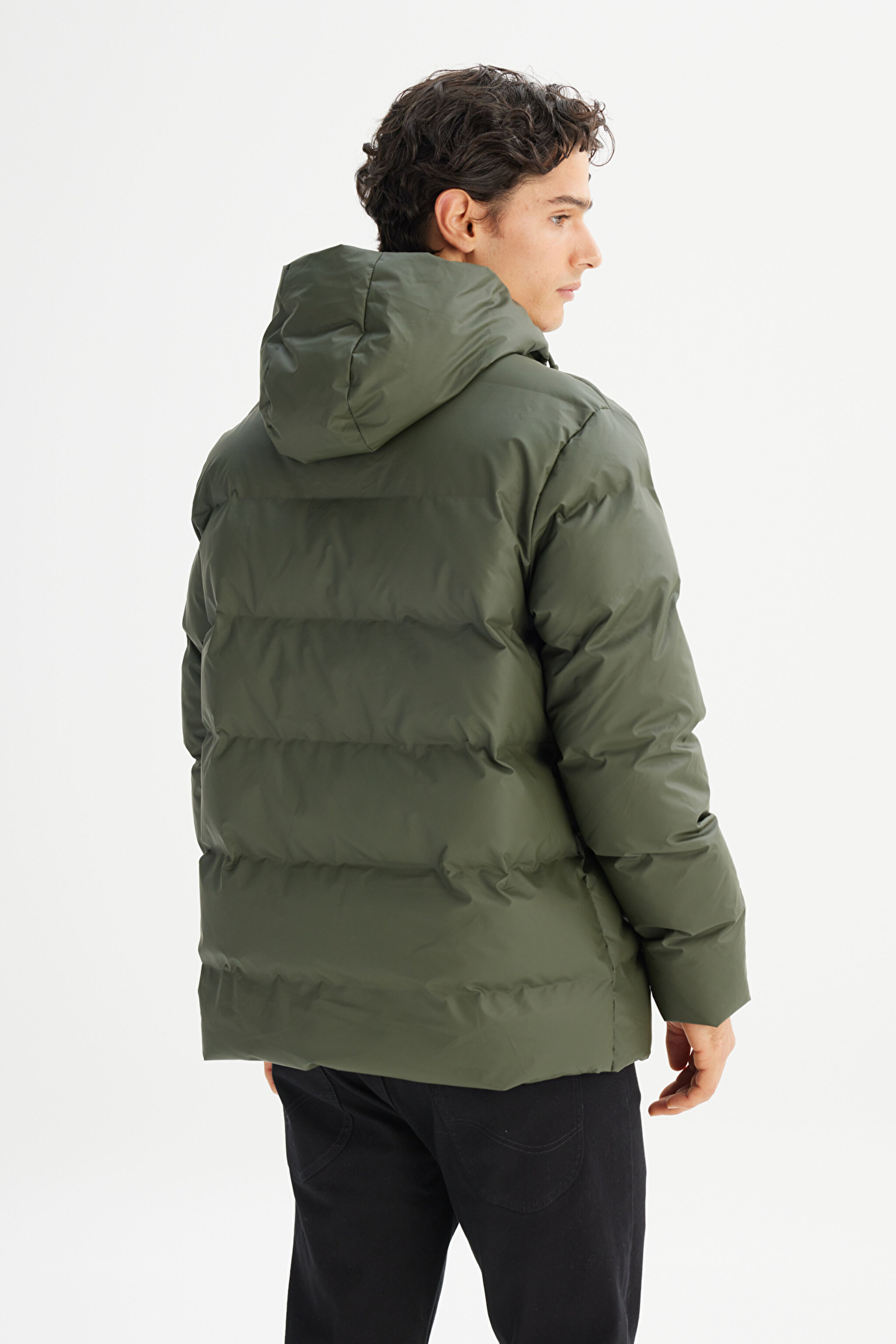 Regular Fit Normal Kesim Kapüşonlu Cepli Puffer Şişme Mont - KHAKI-L2520263801 (görsel 6)