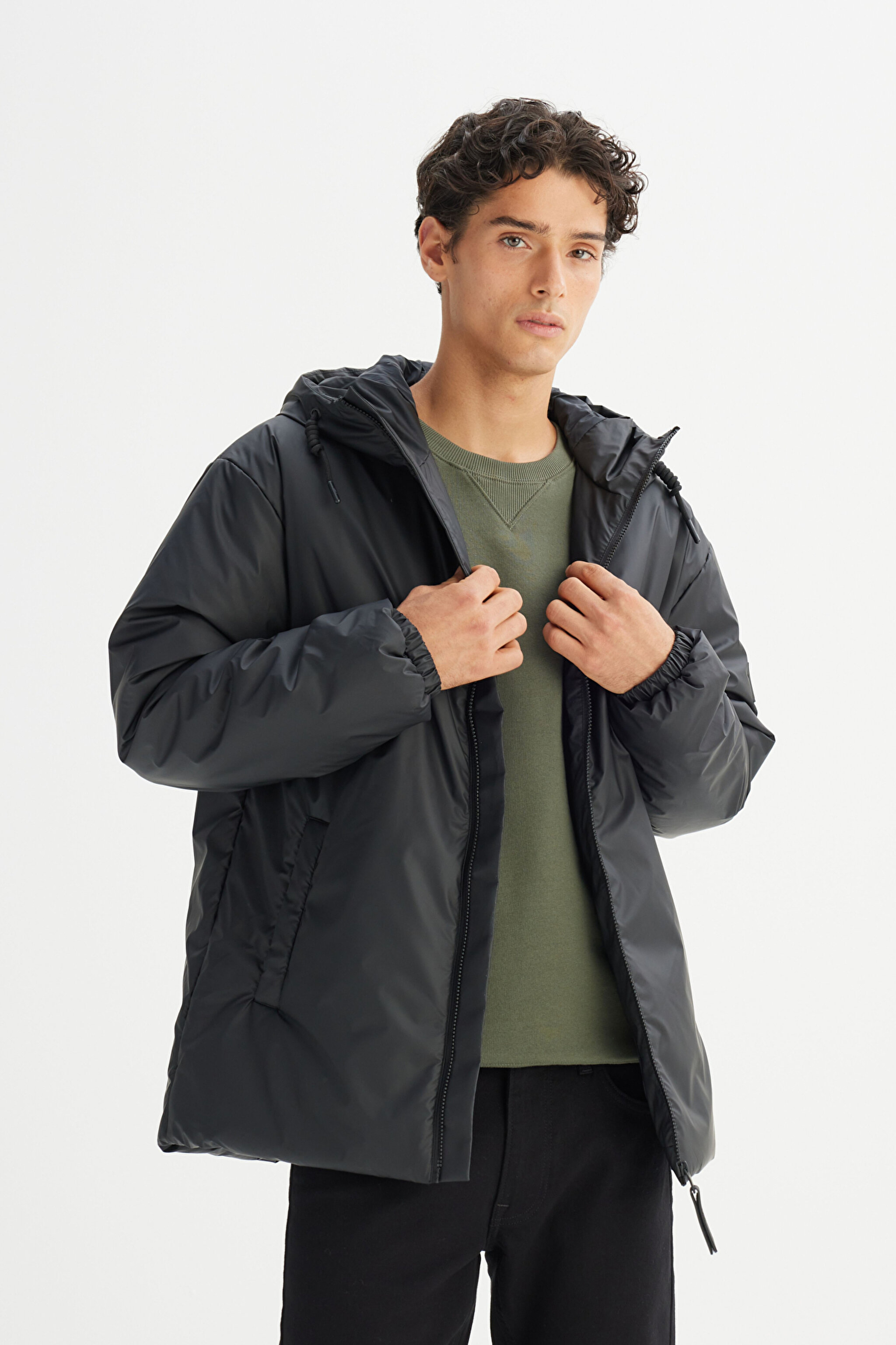 Regular Fit Normal Kesim Kapüşonlu Casual Mont - Black-L2520266001 (görsel 3)