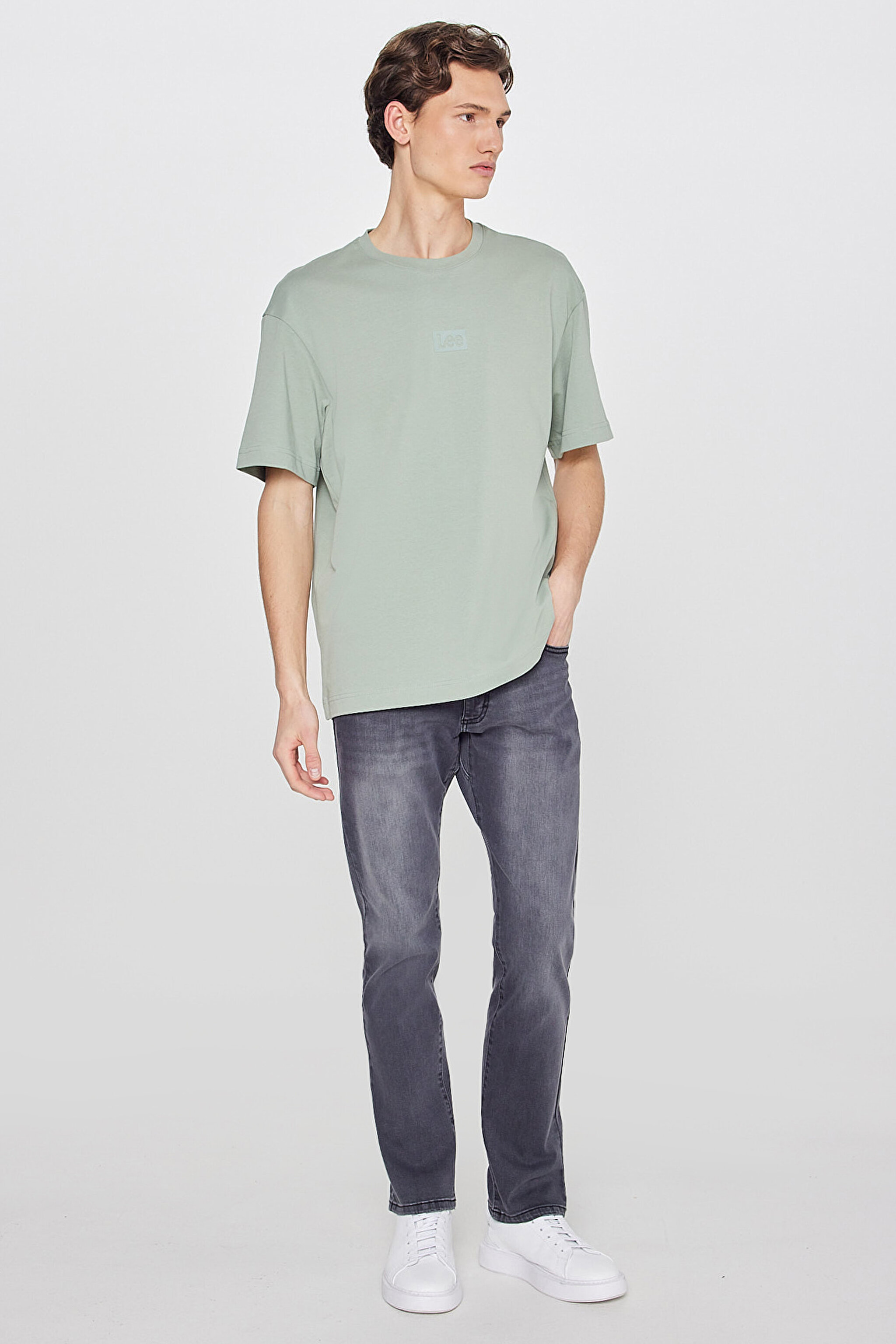 %100 Pamuk Nefes Alan Kumaş Loose Fit Rahat Kesim Logo Detaylı Tişört - Turquoise-L2520302306 (görsel 3)