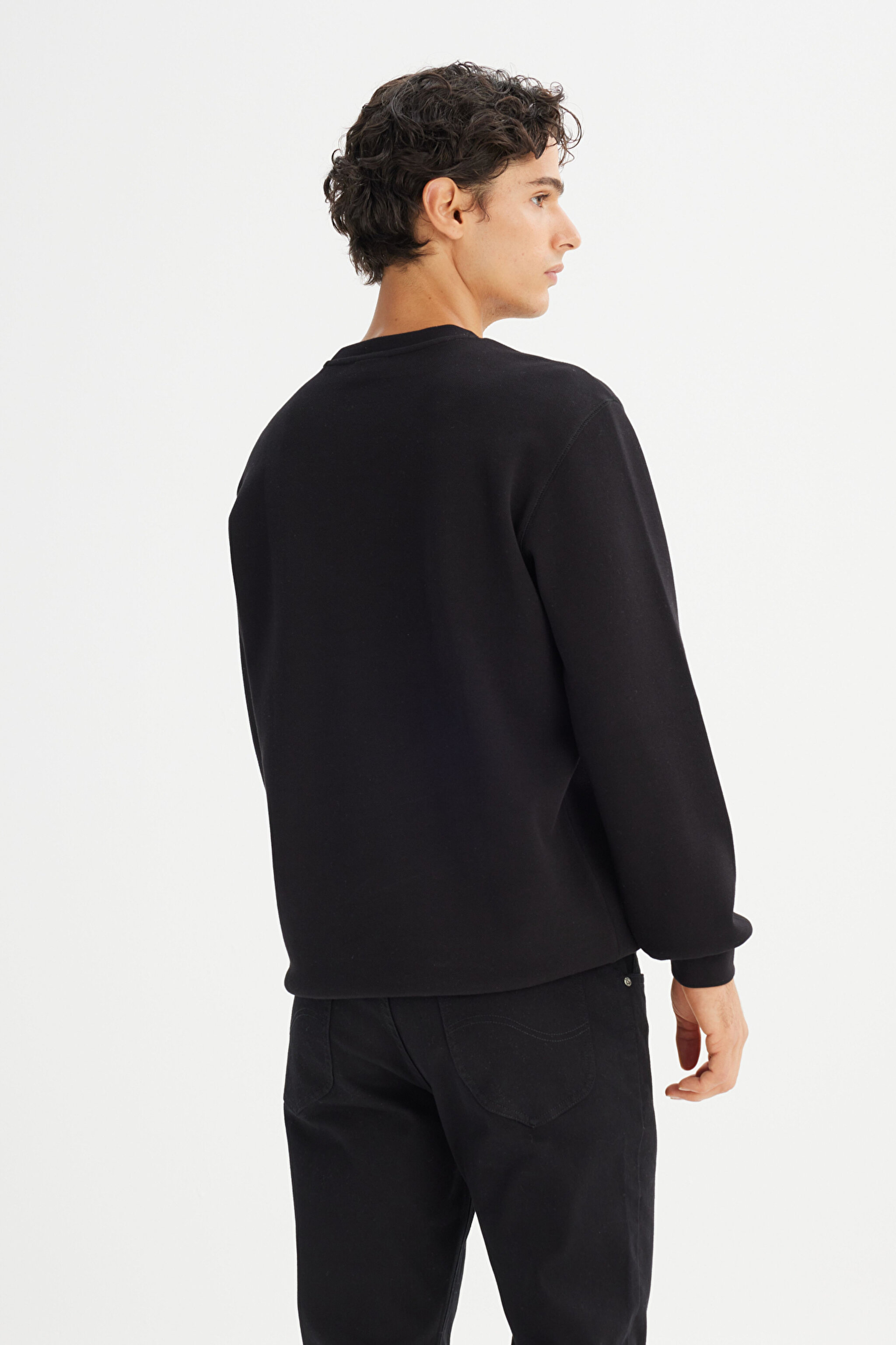 Regular Fit Normal Kesim Bisiklet Yaka Baskılı Siyah Sweatshirt - Black-L2520308001 (görsel 5)