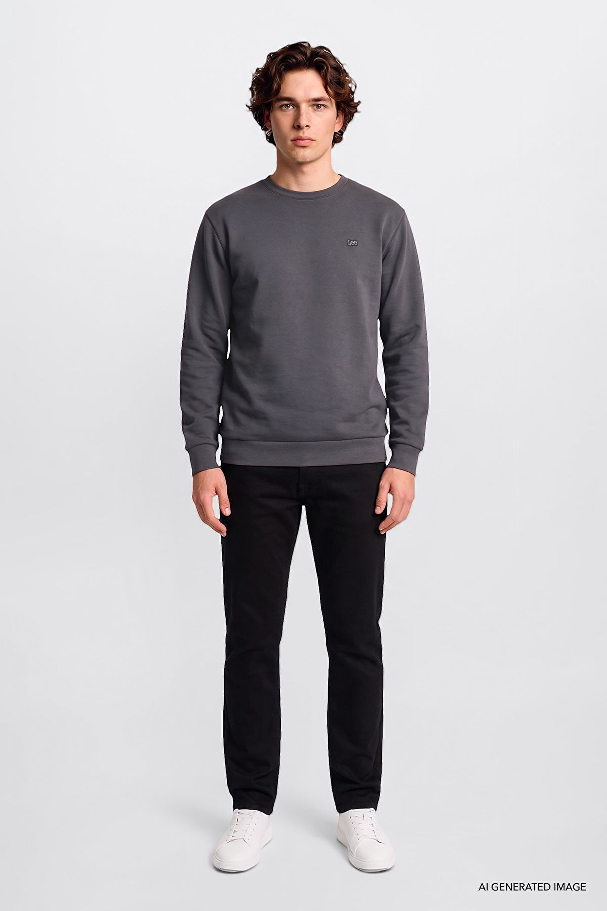 Regular Fit Normal Kesim Bisiklet Yaka Baskılı Siyah Sweatshirt - Anthracita-L2520308003 (görsel 2)
