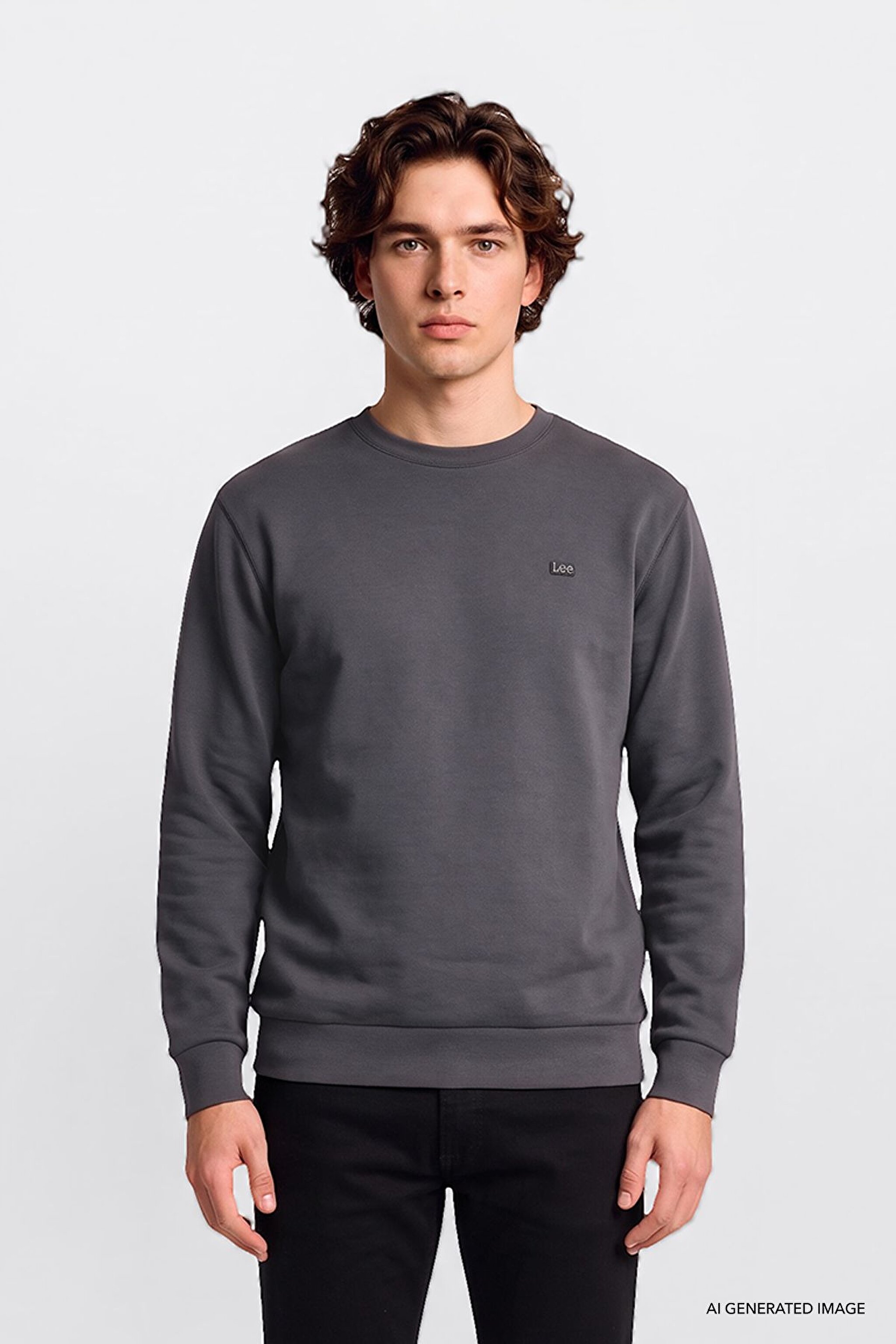 Regular Fit Normal Kesim Bisiklet Yaka Baskılı Siyah Sweatshirt - Anthracita-L2520308003 (görsel 3)