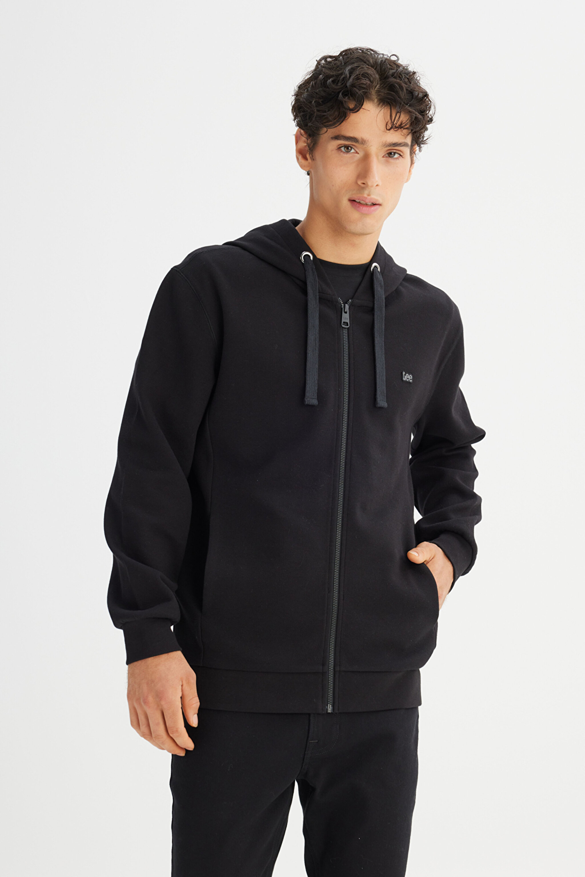 Regular Fit Normal Kesim Kapüşonlu Fermuarlı Siyah Sweatshirt Ceket