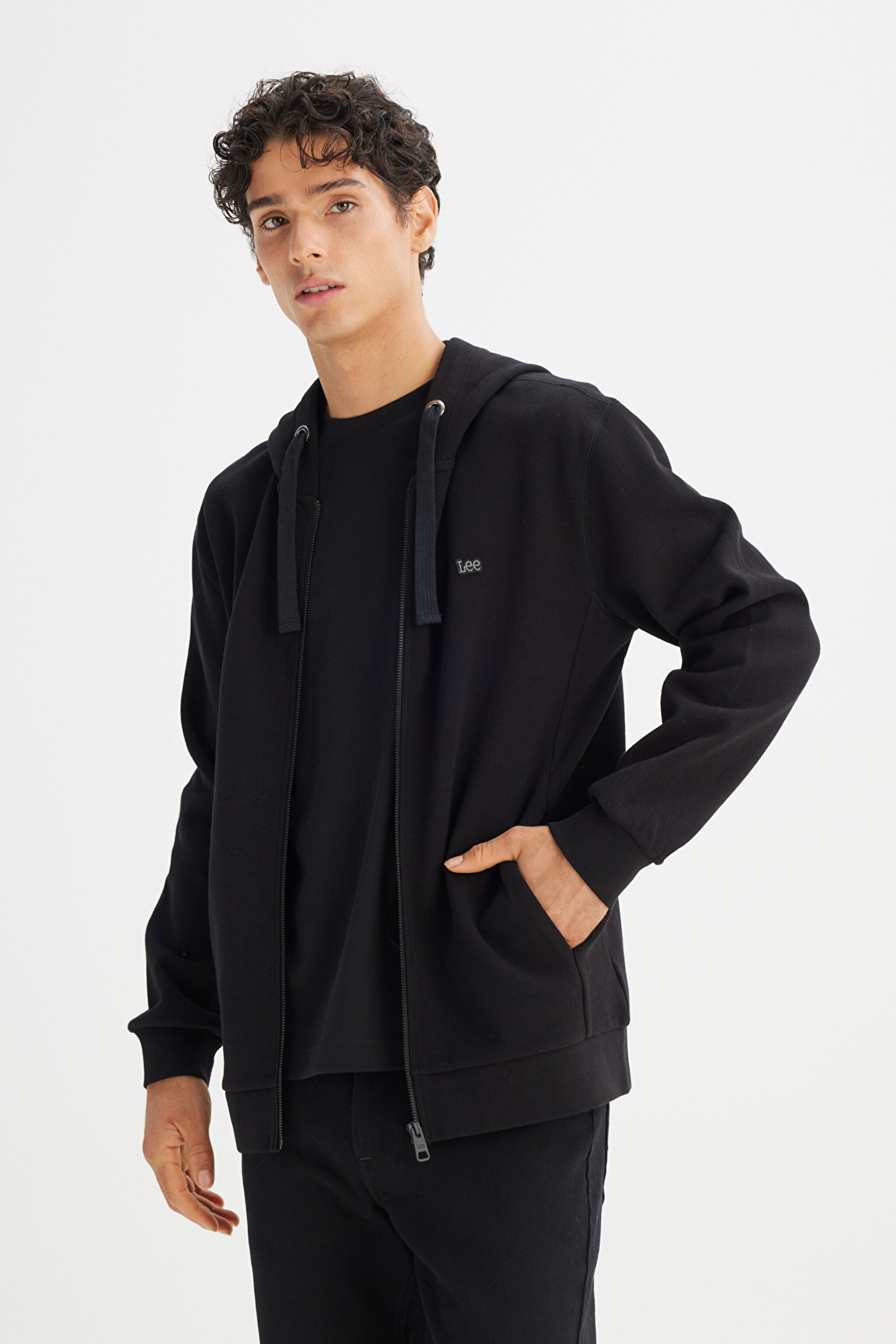 Regular Fit Normal Kesim Kapüşonlu Fermuarlı Siyah Sweatshirt Ceket - Black-L2520310001 (görsel 3)