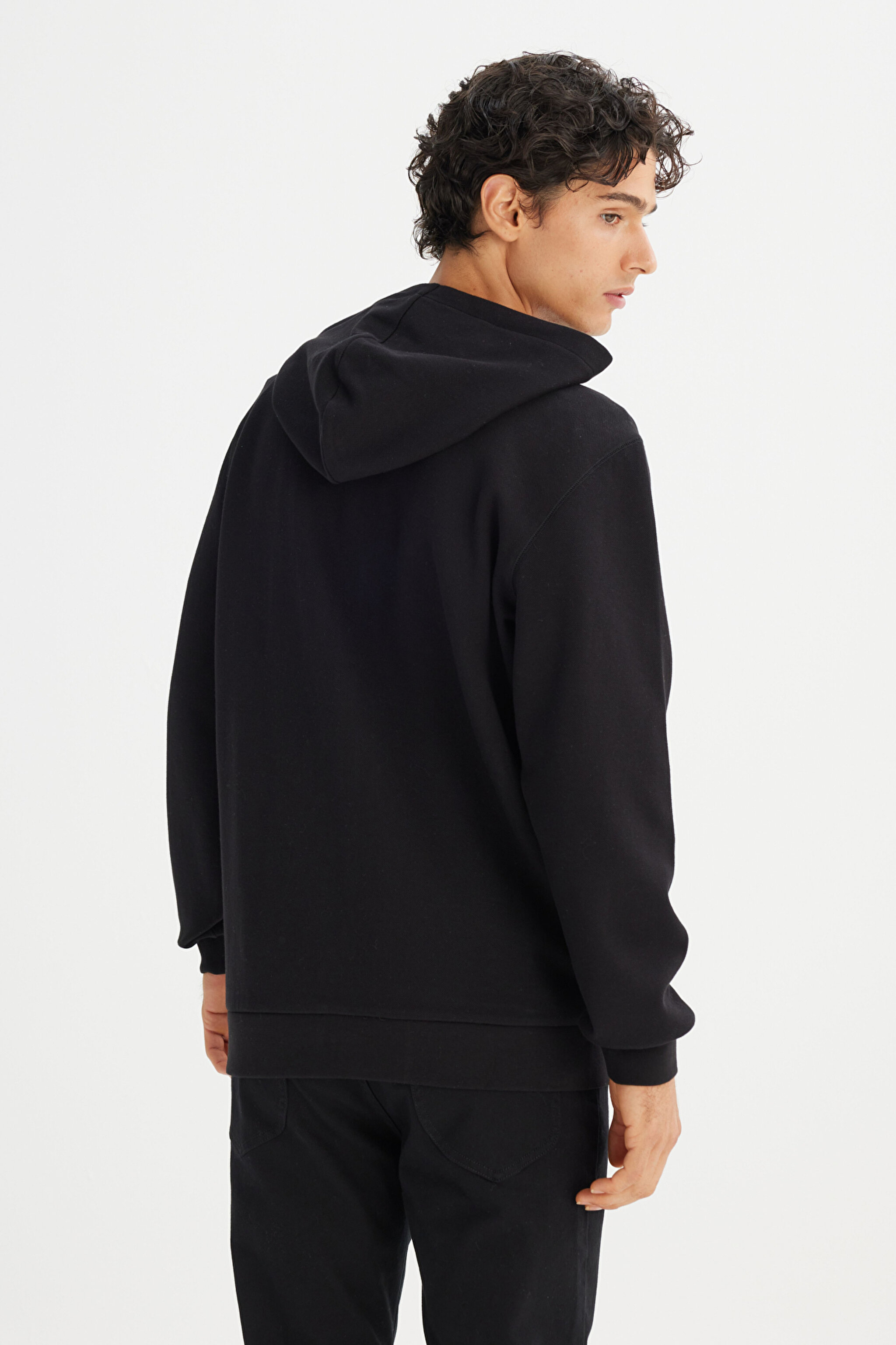 Regular Fit Normal Kesim Kapüşonlu Fermuarlı Siyah Sweatshirt Ceket - Black-L2520310001 (görsel 5)