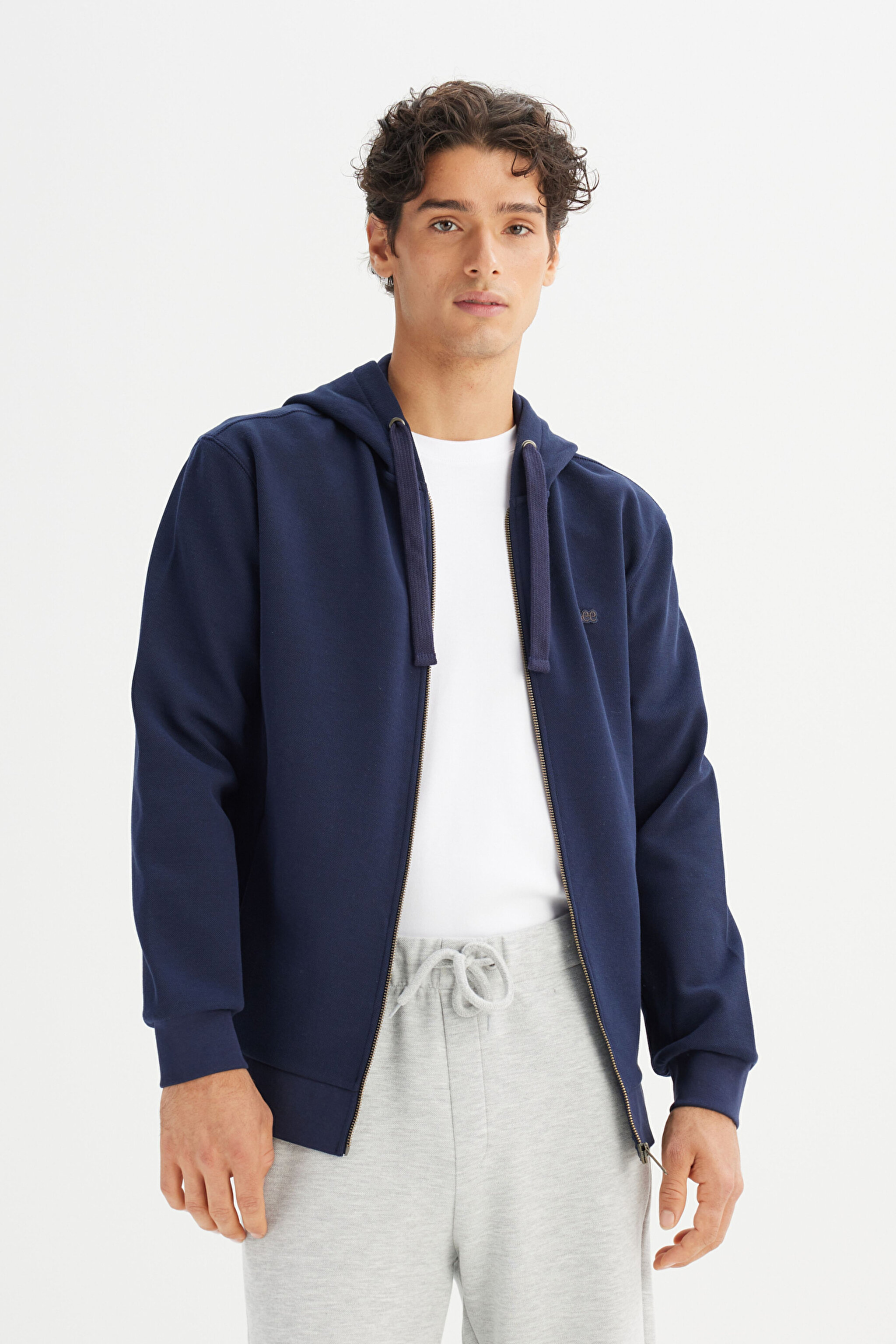 Regular Fit Normal Kesim Kapüşonlu Fermuarlı Lacivert Sweatshirt Ceket