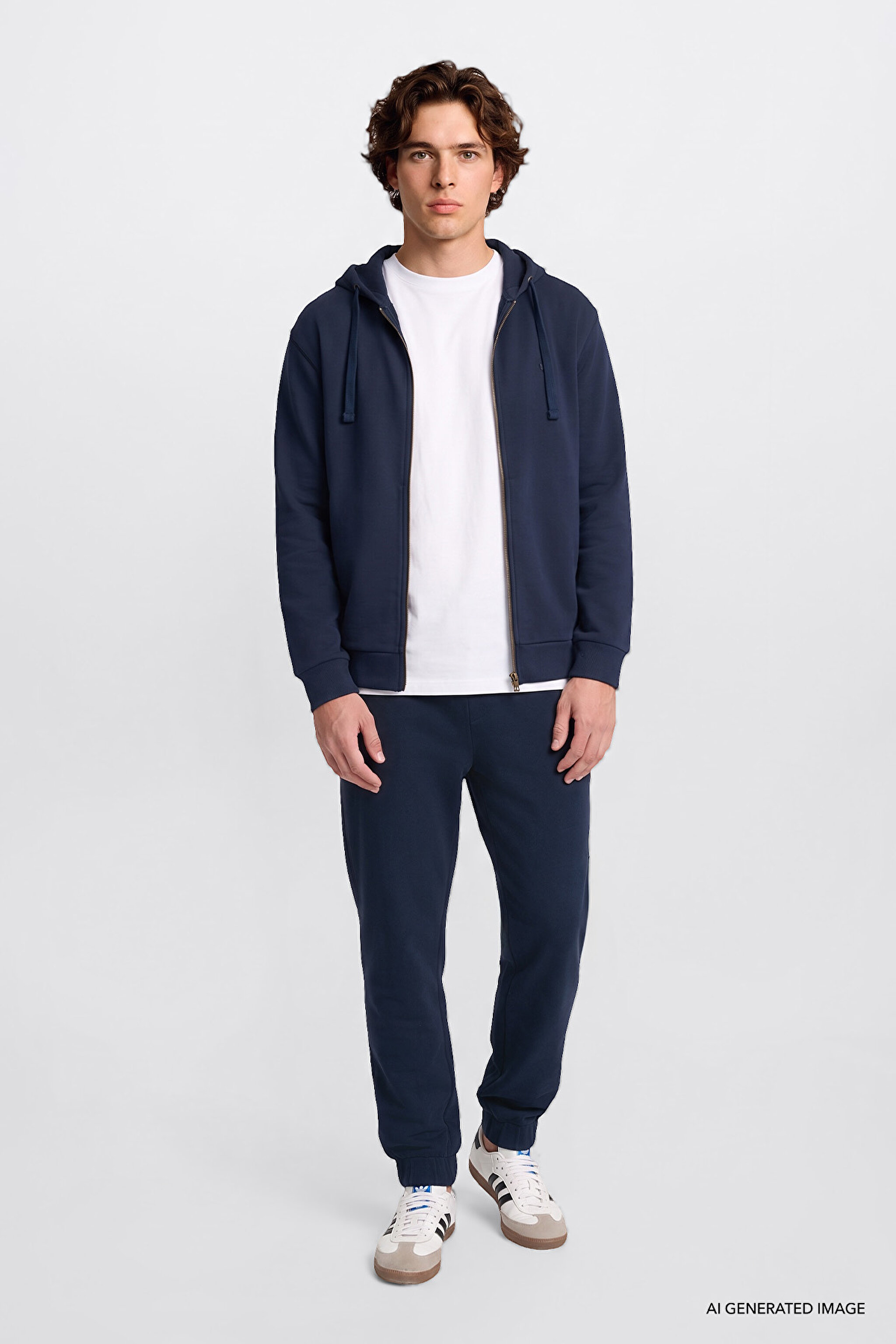 Regular Fit Normal Kesim Kapüşonlu Fermuarlı Lacivert Sweatshirt Ceket - DarKNavy-L2520310411 (görsel 3)