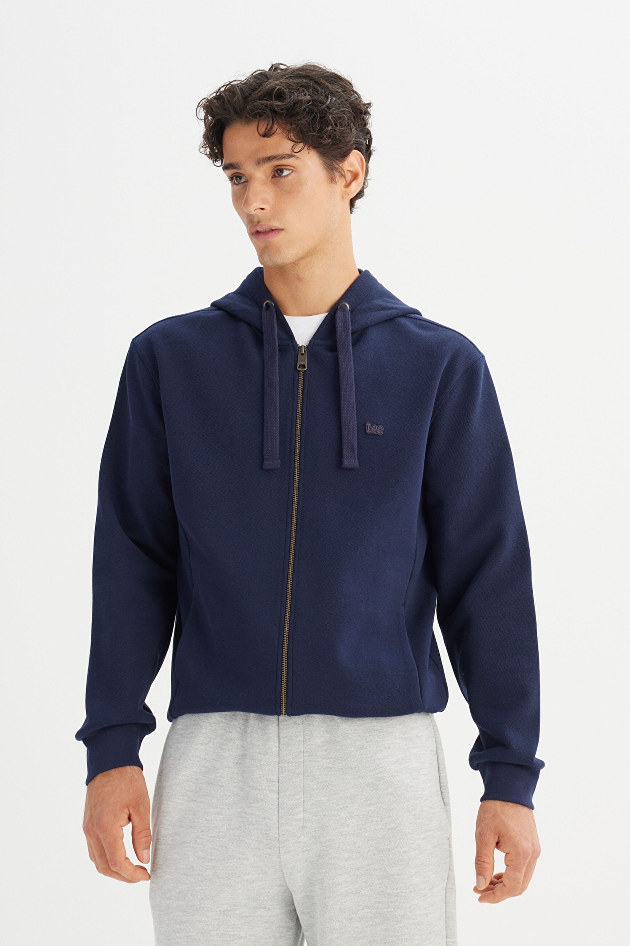 Regular Fit Normal Kesim Kapüşonlu Fermuarlı Lacivert Sweatshirt Ceket - DarKNavy-L2520310411 (görsel 3)