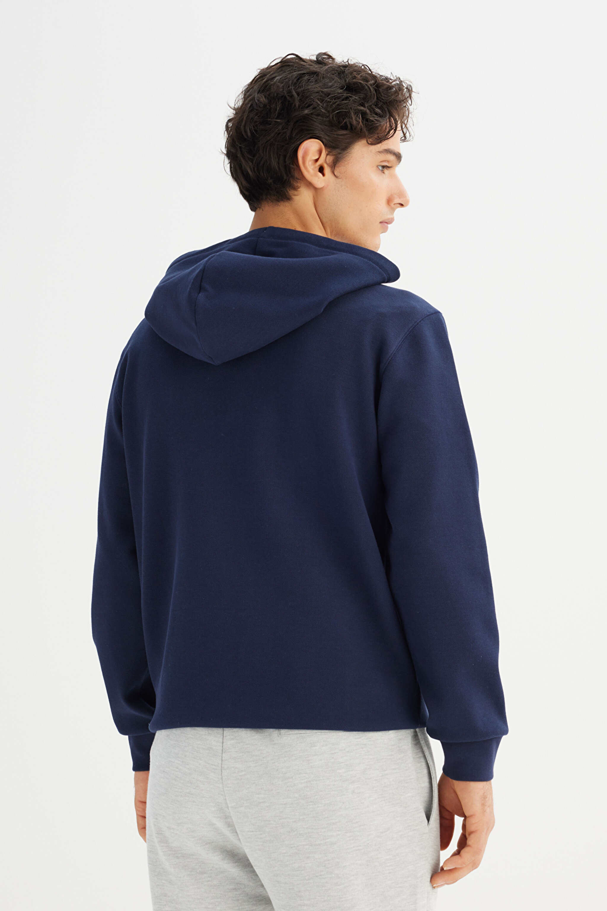 Regular Fit Normal Kesim Kapüşonlu Fermuarlı Lacivert Sweatshirt Ceket - DarKNavy-L2520310411 (görsel 5)