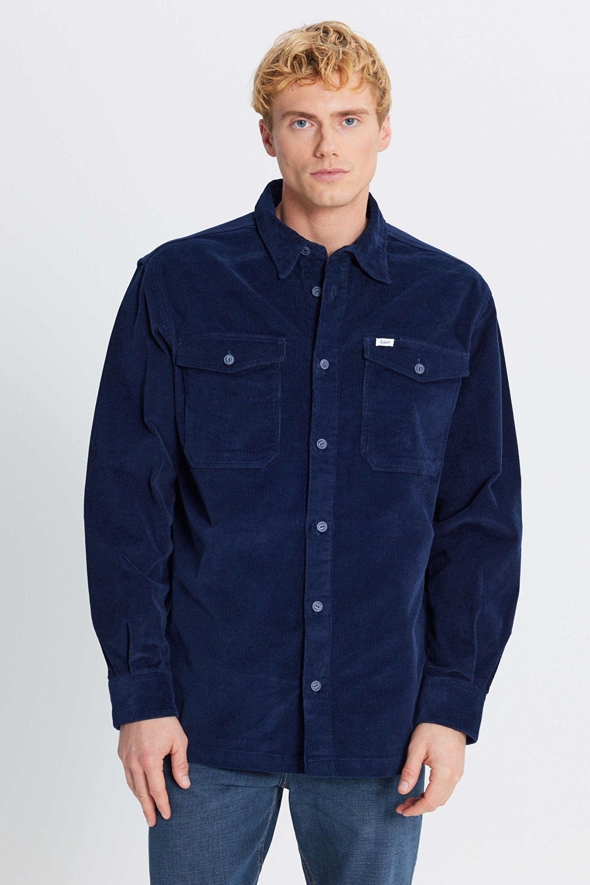 Pamuklu Relaxed Fit Rahat Kesim Klasik Yaka Cepli Kadife Gömlek - DarKNavy-L2520353411