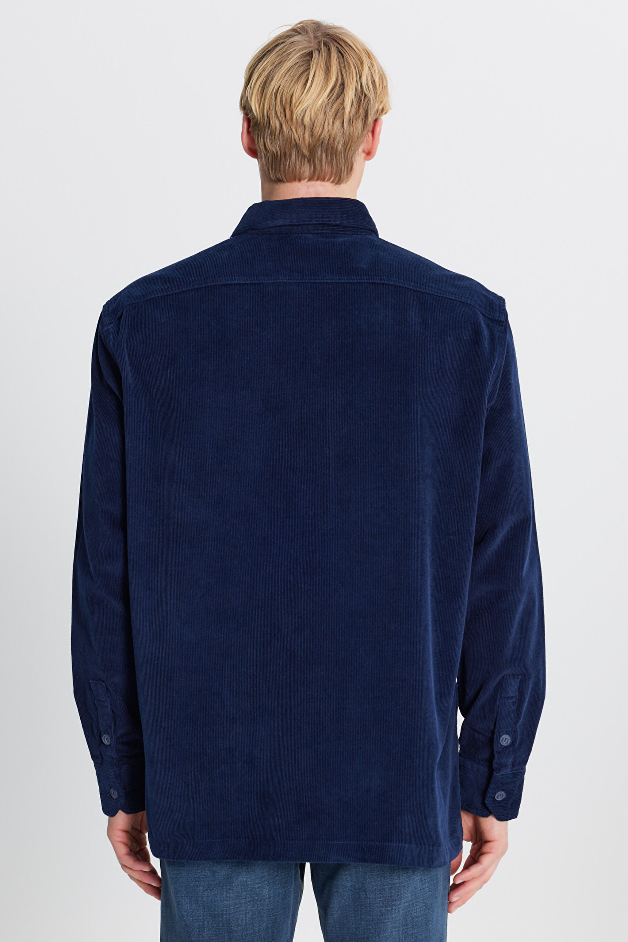 Pamuklu Relaxed Fit Rahat Kesim Klasik Yaka Cepli Kadife Gömlek - DarKNavy-L2520353411 (görsel 5)