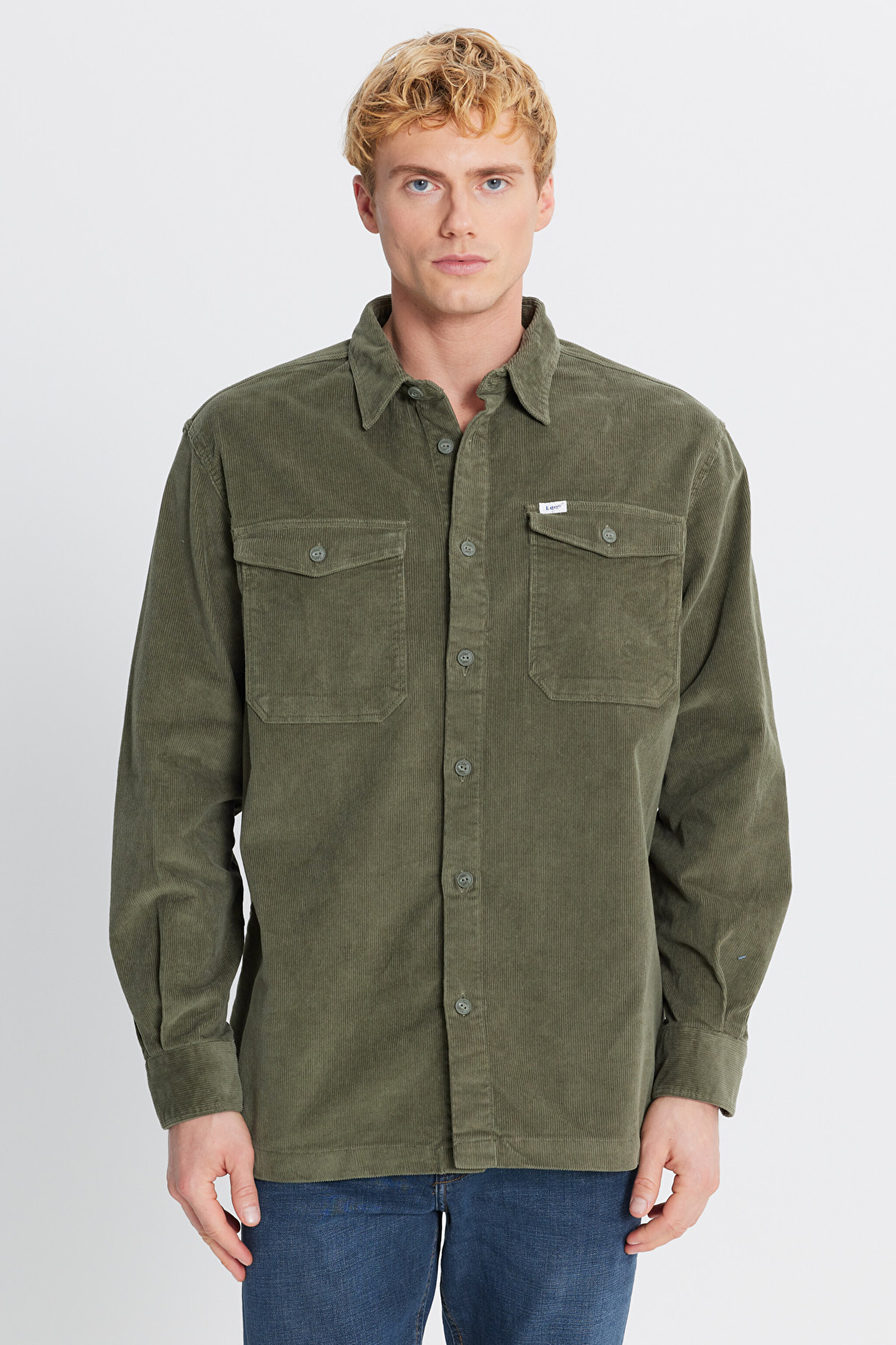 Pamuklu Relaxed Fit Rahat Kesim Klasik Yaka Cepli Kadife Gömlek - Mercantile Green-L2520353526