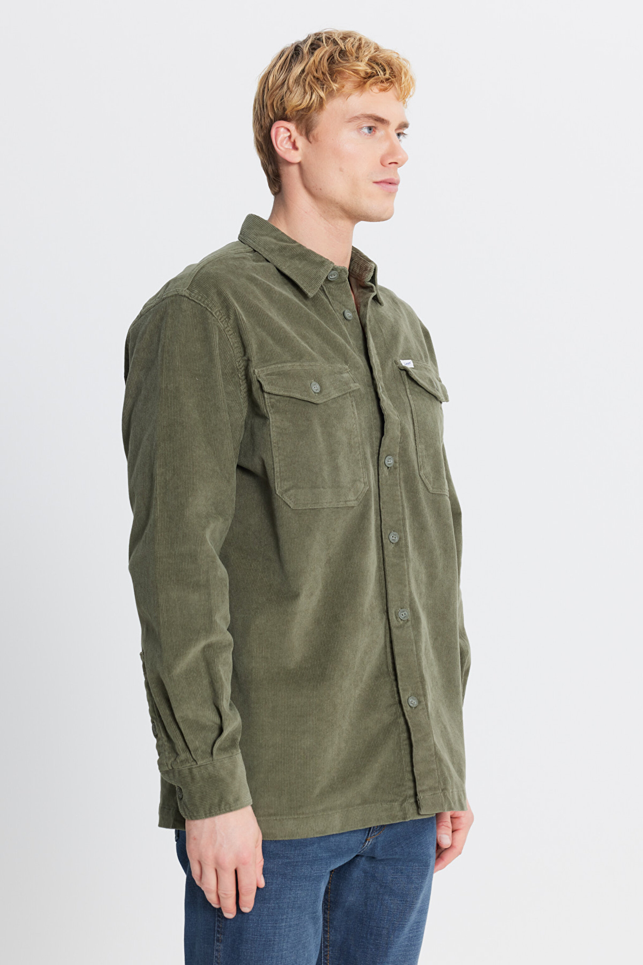 Pamuklu Relaxed Fit Rahat Kesim Klasik Yaka Cepli Kadife Gömlek - Mercantile Green-L2520353526 (görsel 3)