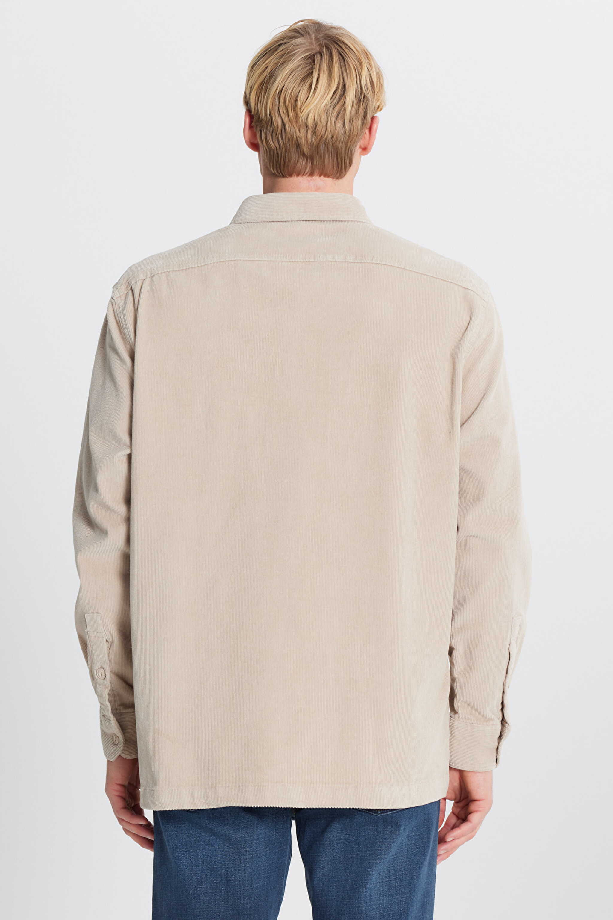 Pamuklu Relaxed Fit Rahat Kesim Klasik Yaka Cepli Kadife Gömlek - Beige-L2520353614 (görsel 5)