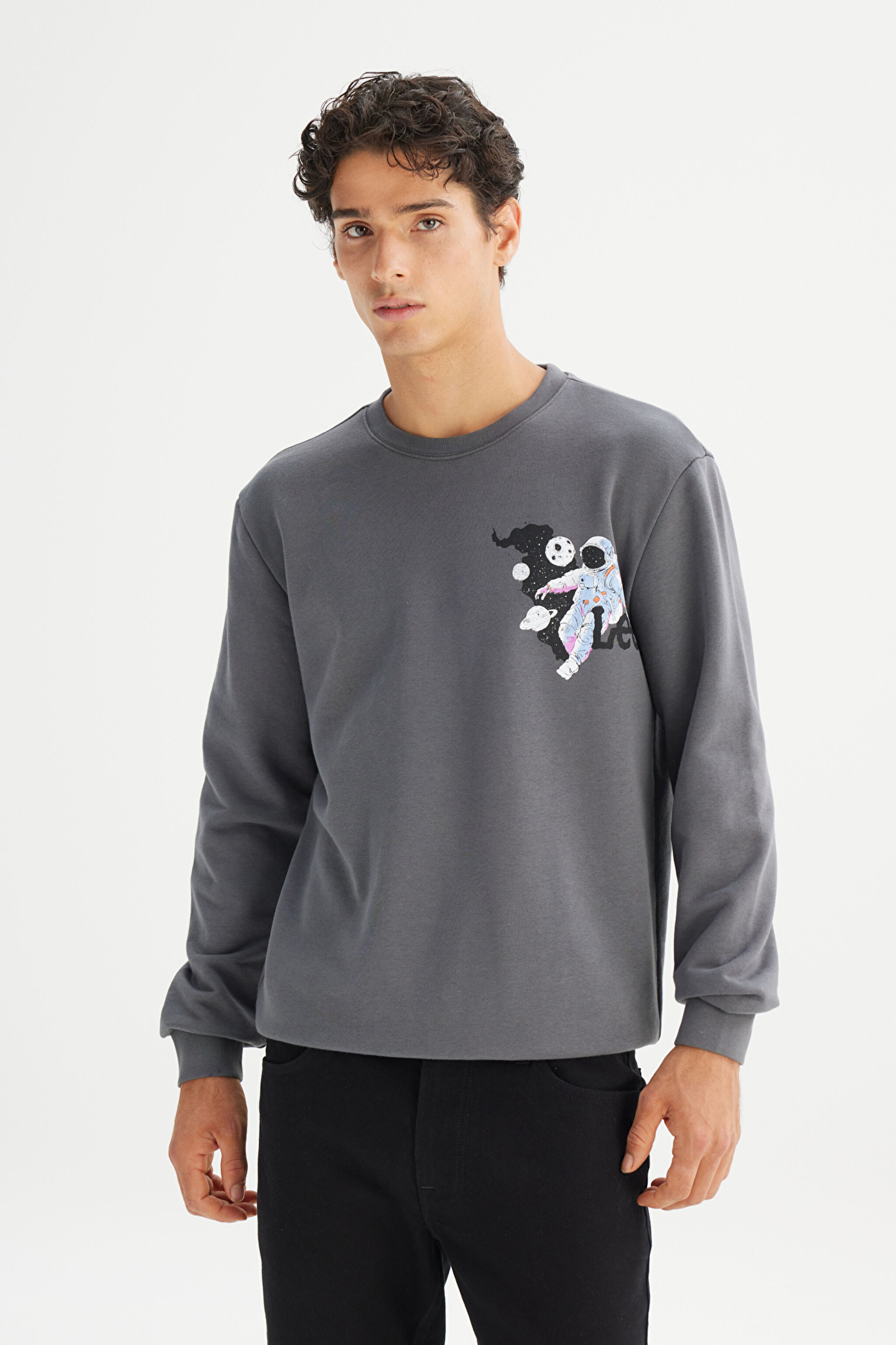Regular Fit Normal Kesim Bisiklet Yaka Baskılı Antrasit Sweatshirt - Anthracite-L2520359003