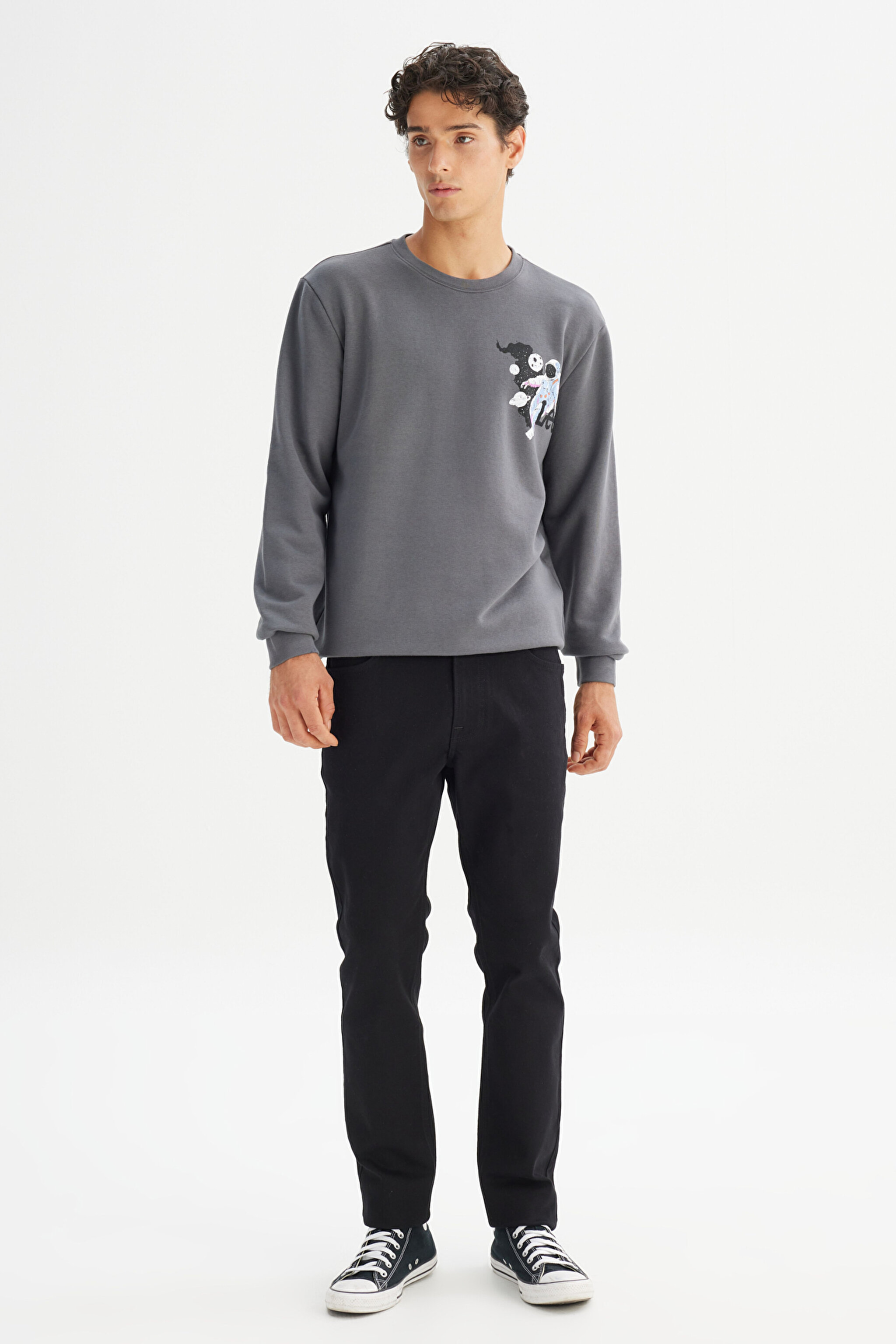 Regular Fit Normal Kesim Bisiklet Yaka Baskılı Antrasit Sweatshirt - Anthracite-L2520359003 (görsel 2)
