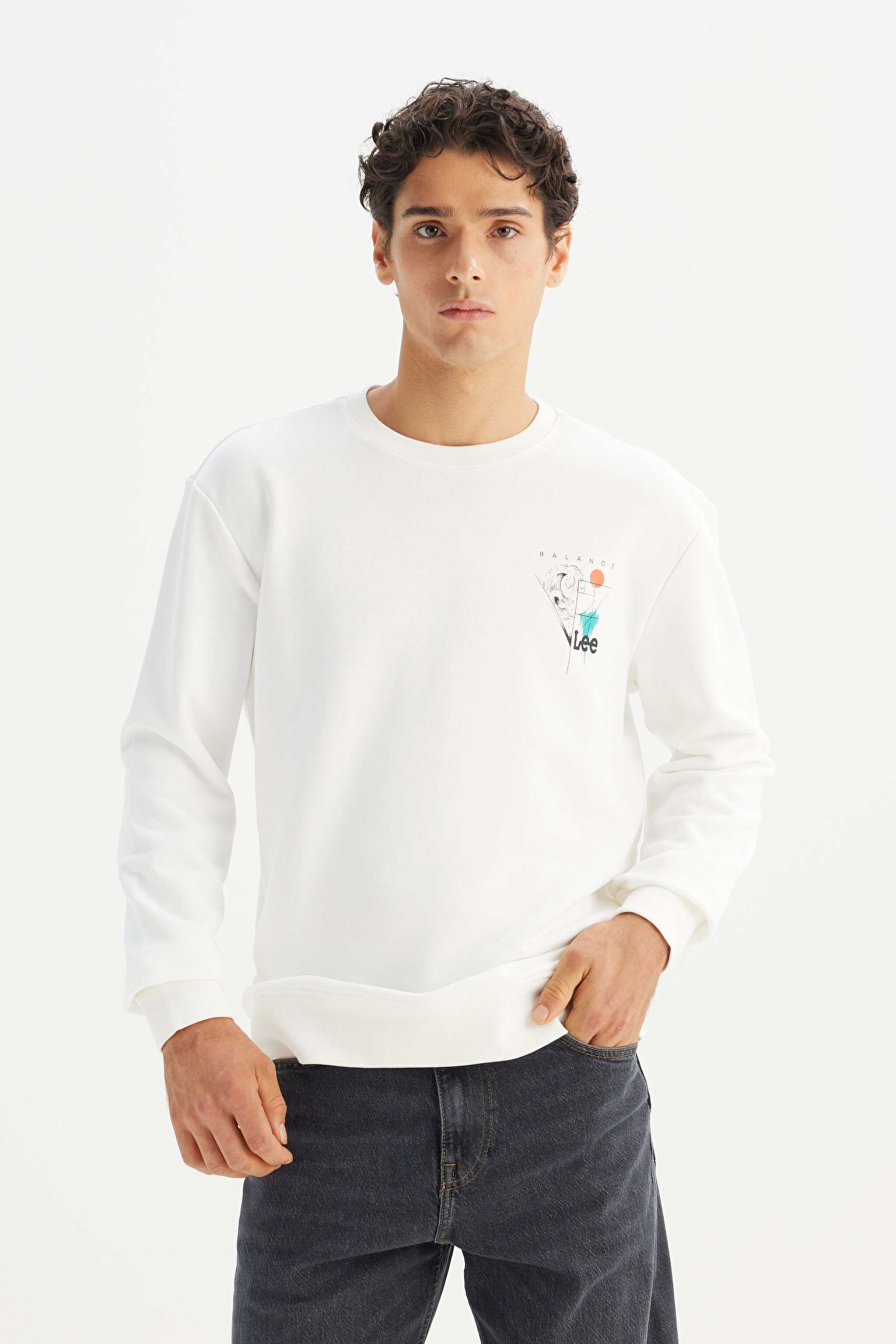 Regular Fit Normal Kesim Bisiklet Yaka Baskılı Kırık Beyaz Sweatshirt