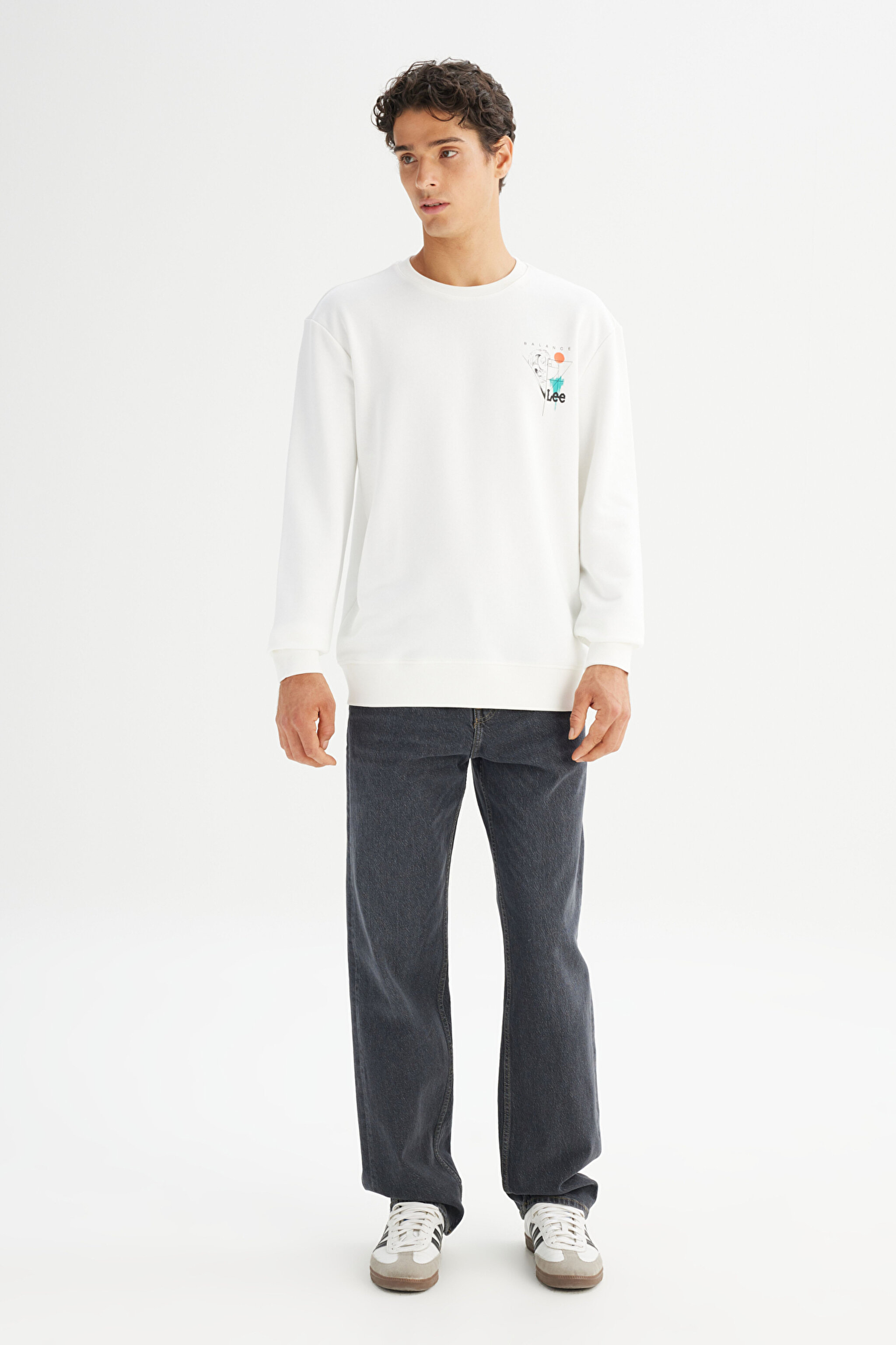 Regular Fit Normal Kesim Bisiklet Yaka Baskılı Kırık Beyaz Sweatshirt - Off White-L2520361102 (görsel 2)