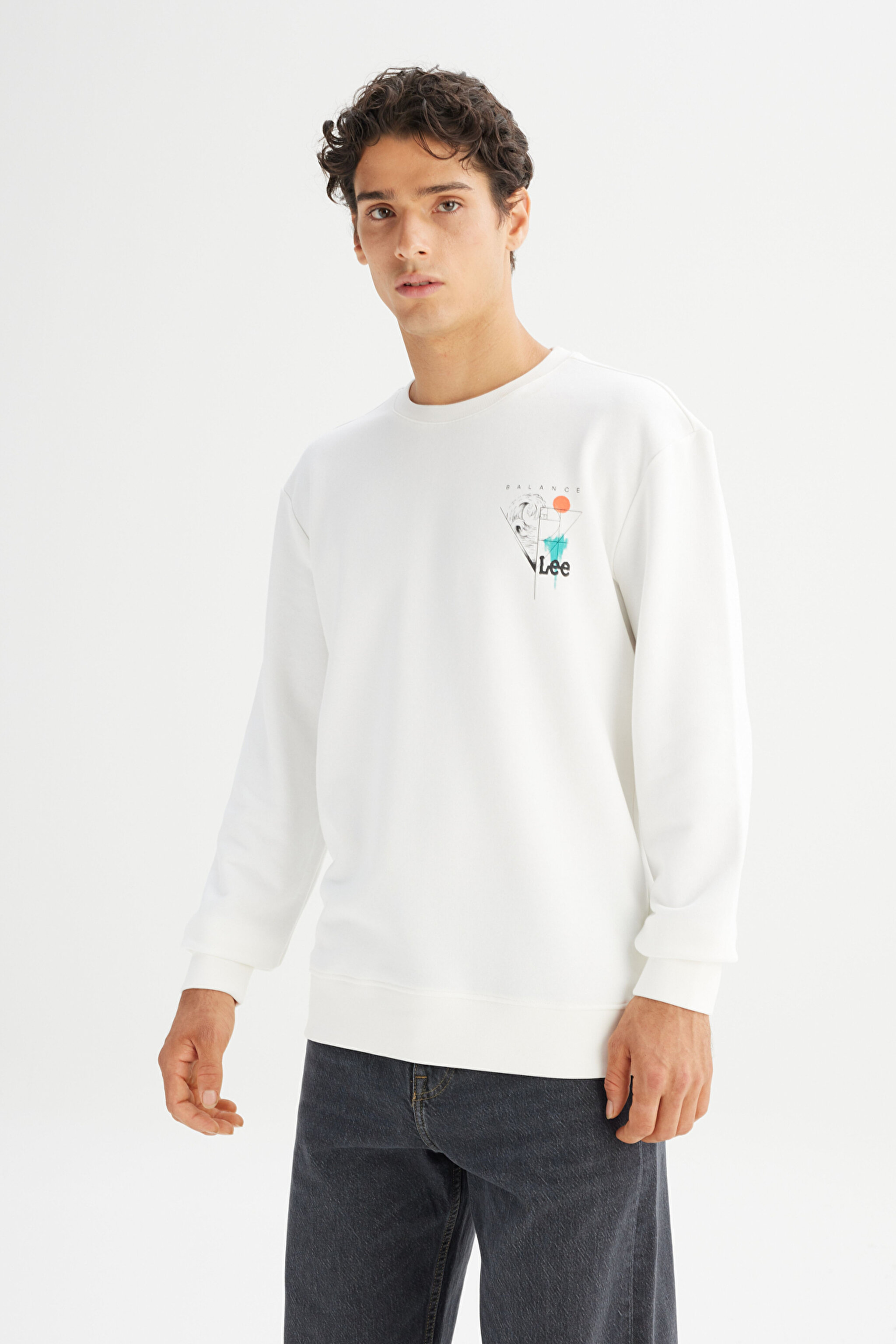 Regular Fit Normal Kesim Bisiklet Yaka Baskılı Kırık Beyaz Sweatshirt - Off White-L2520361102 (görsel 3)