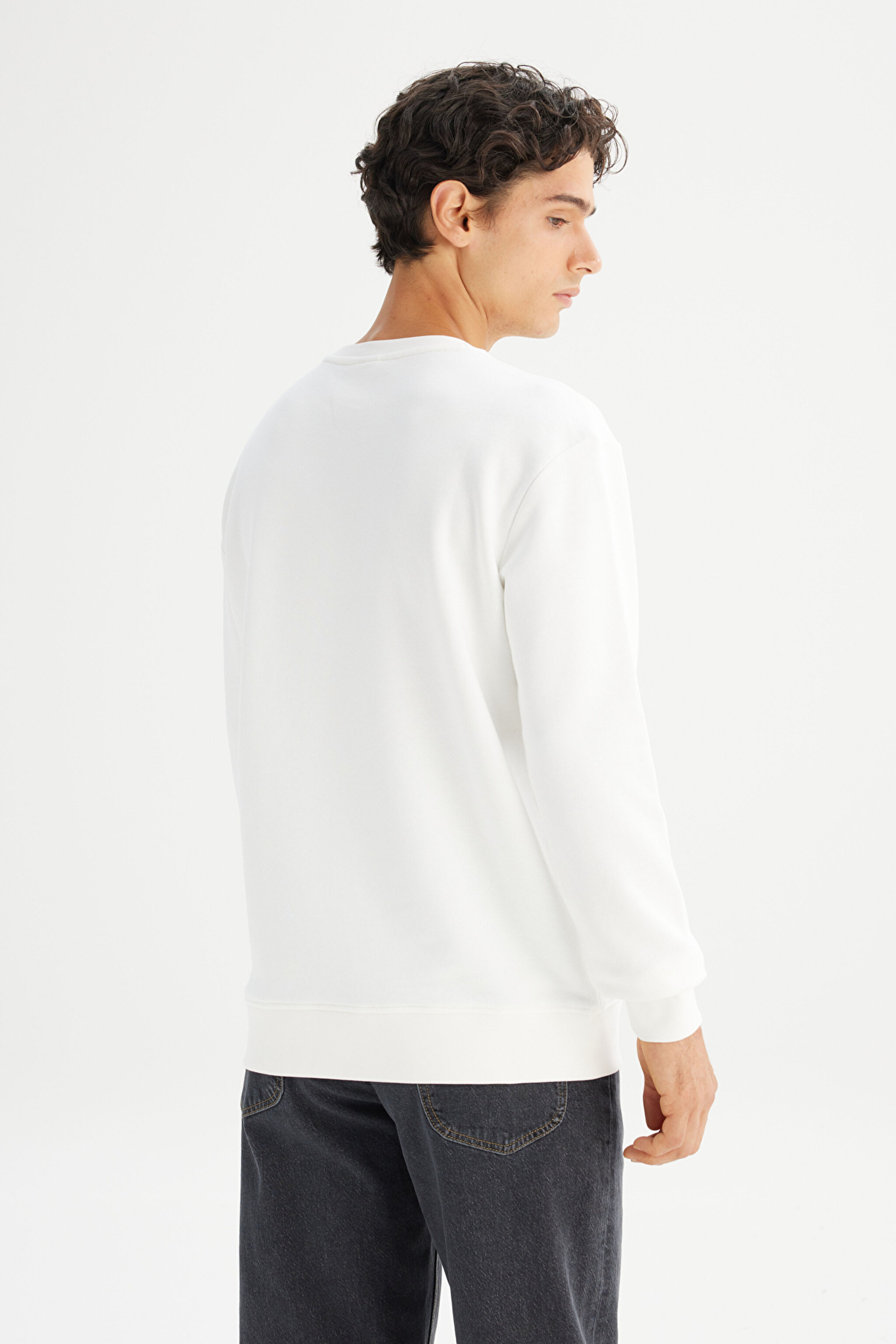 Regular Fit Normal Kesim Bisiklet Yaka Baskılı Kırık Beyaz Sweatshirt - Off White-L2520361102 (görsel 5)
