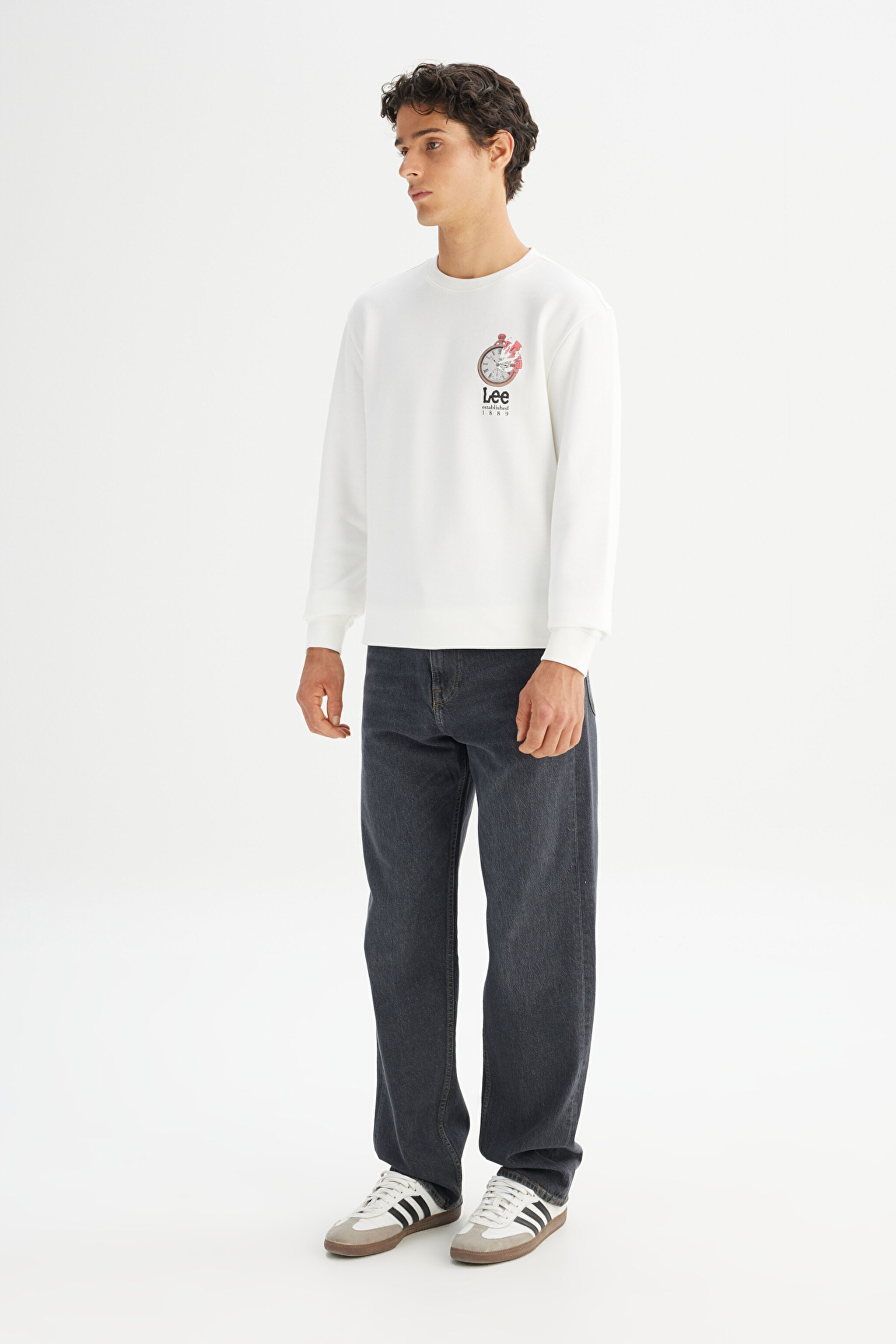 Regular Fit Normal Kesim Bisiklet Yaka Baskılı Kırık Beyaz Sweatshirt - Off White-L2520363102 (görsel 2)