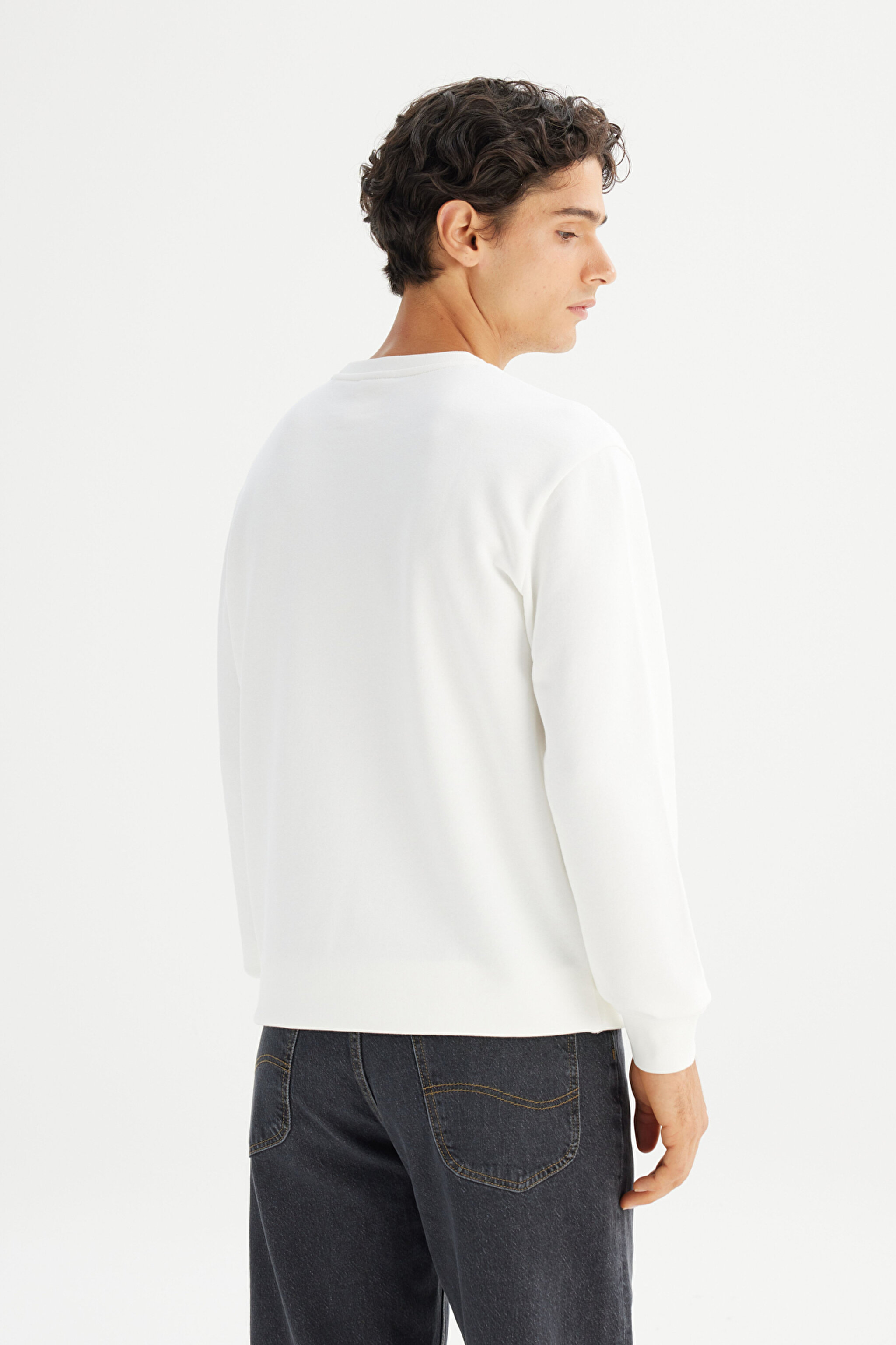 Regular Fit Normal Kesim Bisiklet Yaka Baskılı Kırık Beyaz Sweatshirt - Off White-L2520363102 (görsel 5)
