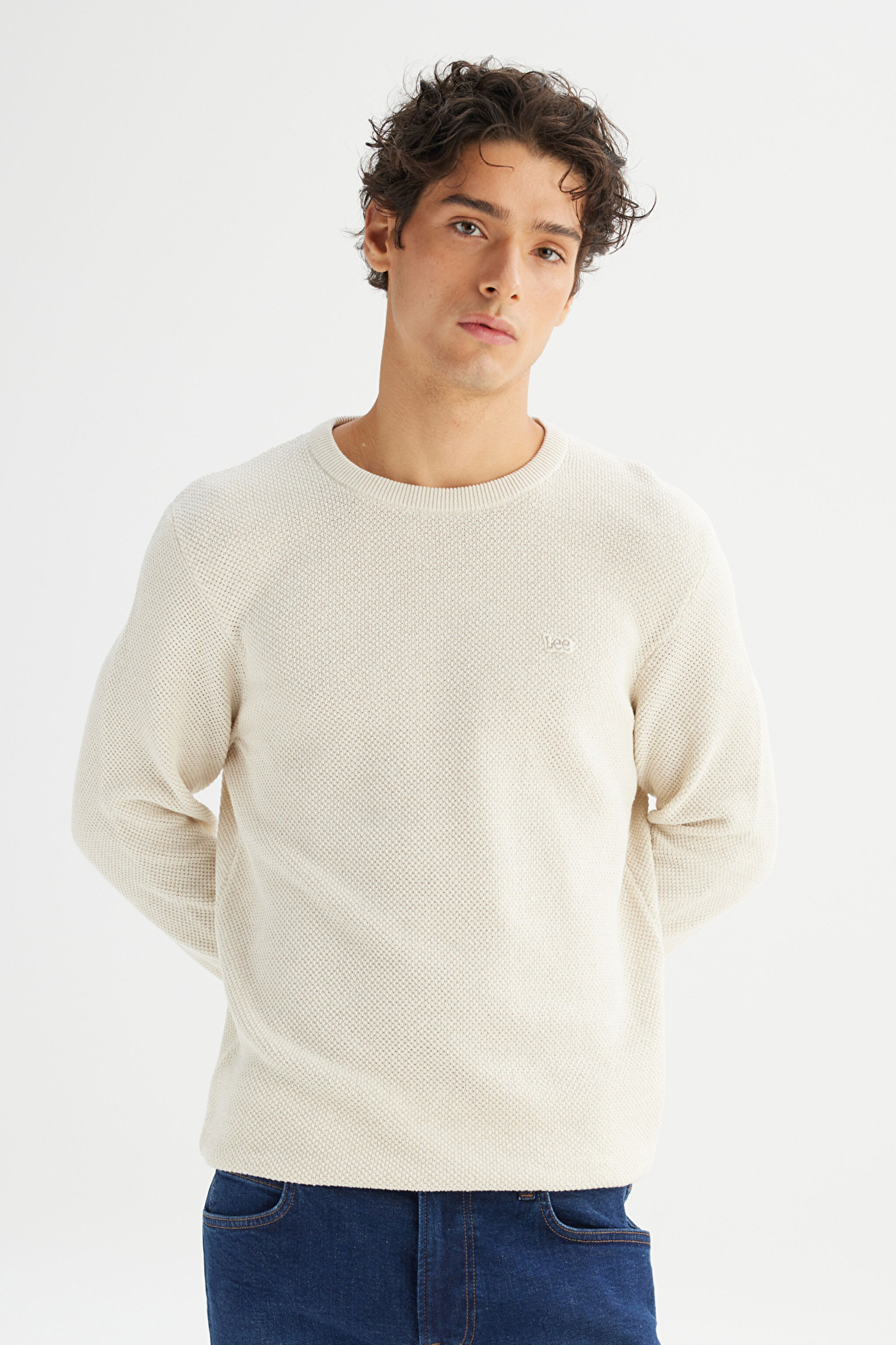 Pamuklu Regular Fit Normal Kesim Bisiklet Yaka Triko Kazak - Ecru-L2520364104 (görsel 3)