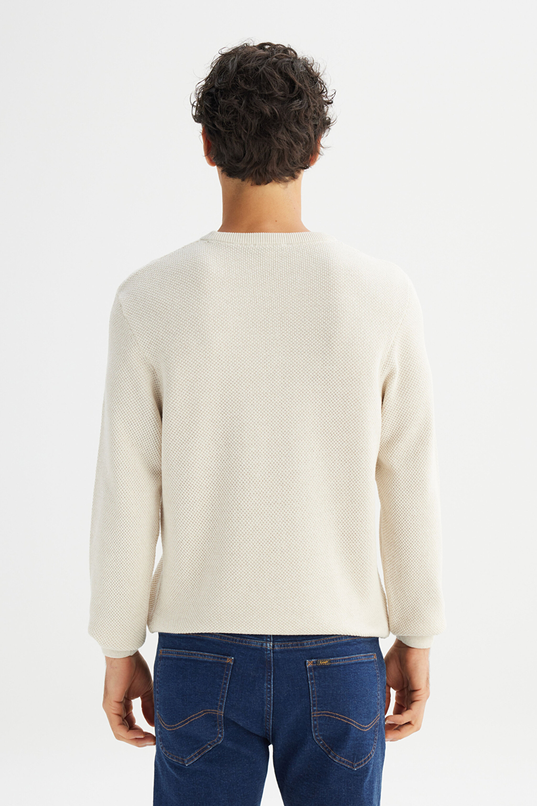Pamuklu Regular Fit Normal Kesim Bisiklet Yaka Triko Kazak - Ecru-L2520364104 (görsel 5)